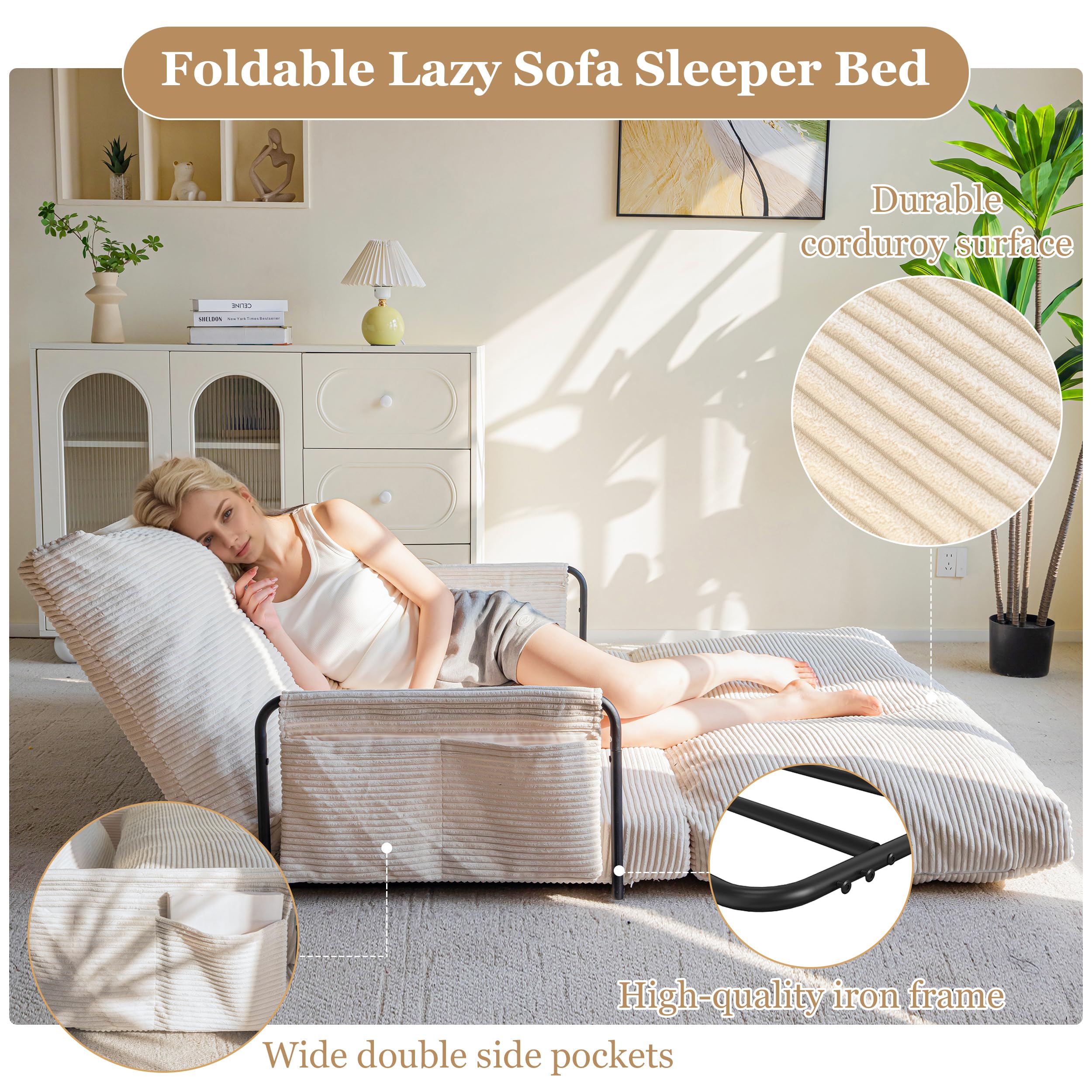 Lazy Floor Sofa Convertible Bean Bag Sofa Bed Couch, 5-Position Foldable Sleeper Chair with Armrest, Ideal for Reading & Gaming