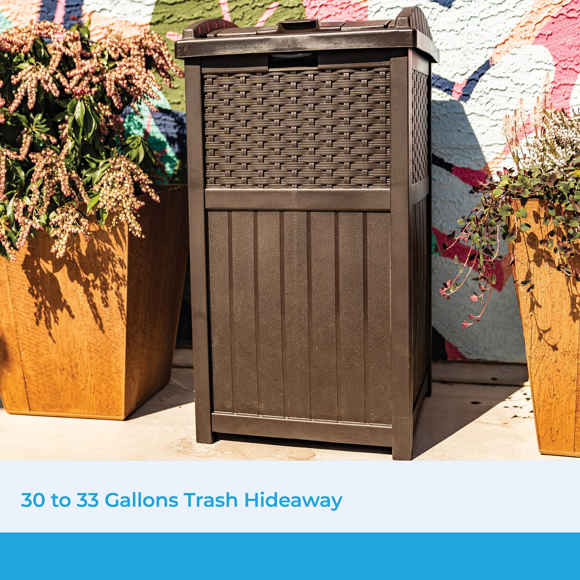 33 Gallon Commercial Outdoor Trashcan Hideaway with Lid for 30 to 33 Gallon Trash Bags for Garage, Backyard, or Garden, Brown