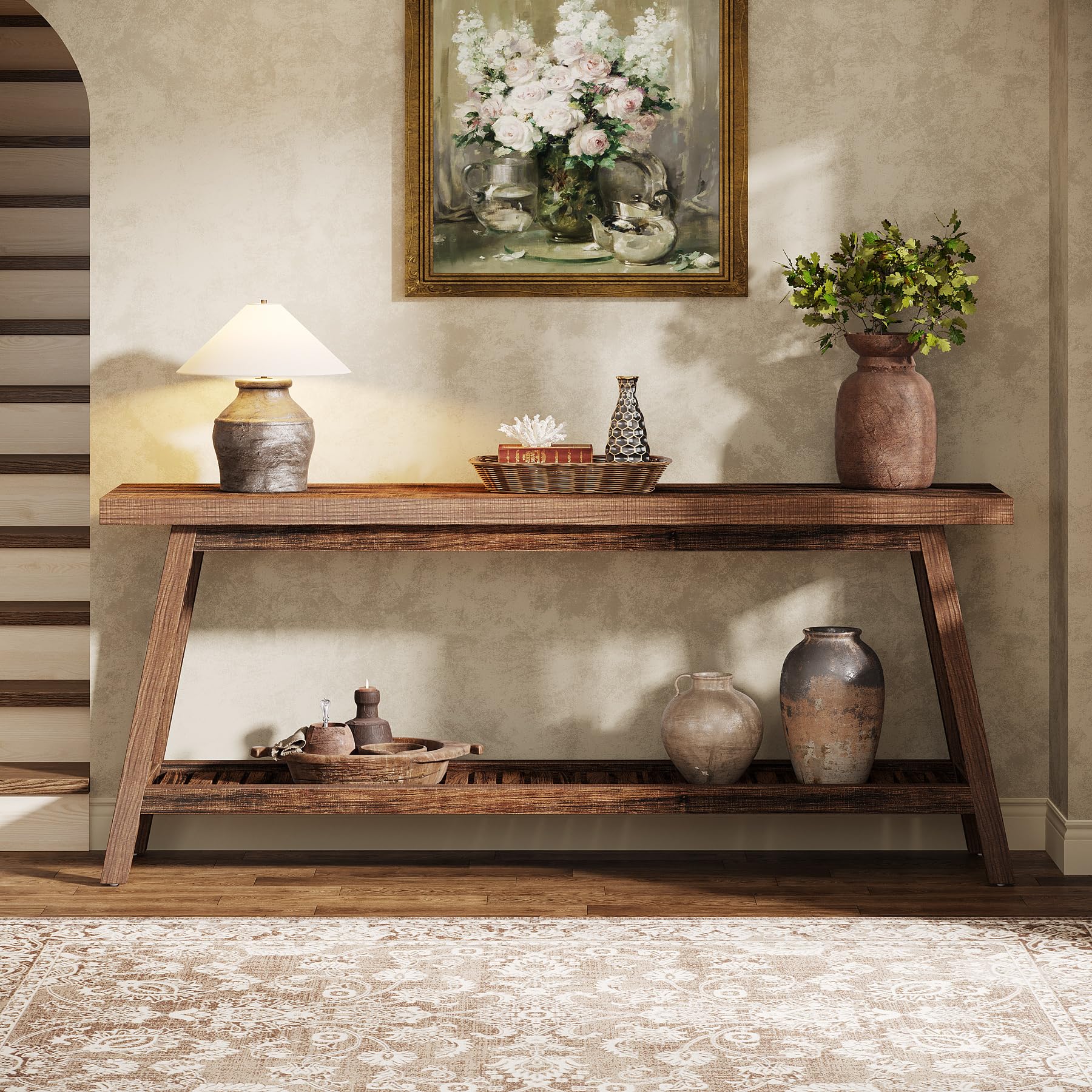 70.86-Inch Console Table for Entyrway, Farmhouse 2-Tier Entry Entrance Table, Narrow Long Sofa Table Behind Couch, Rustic Brown