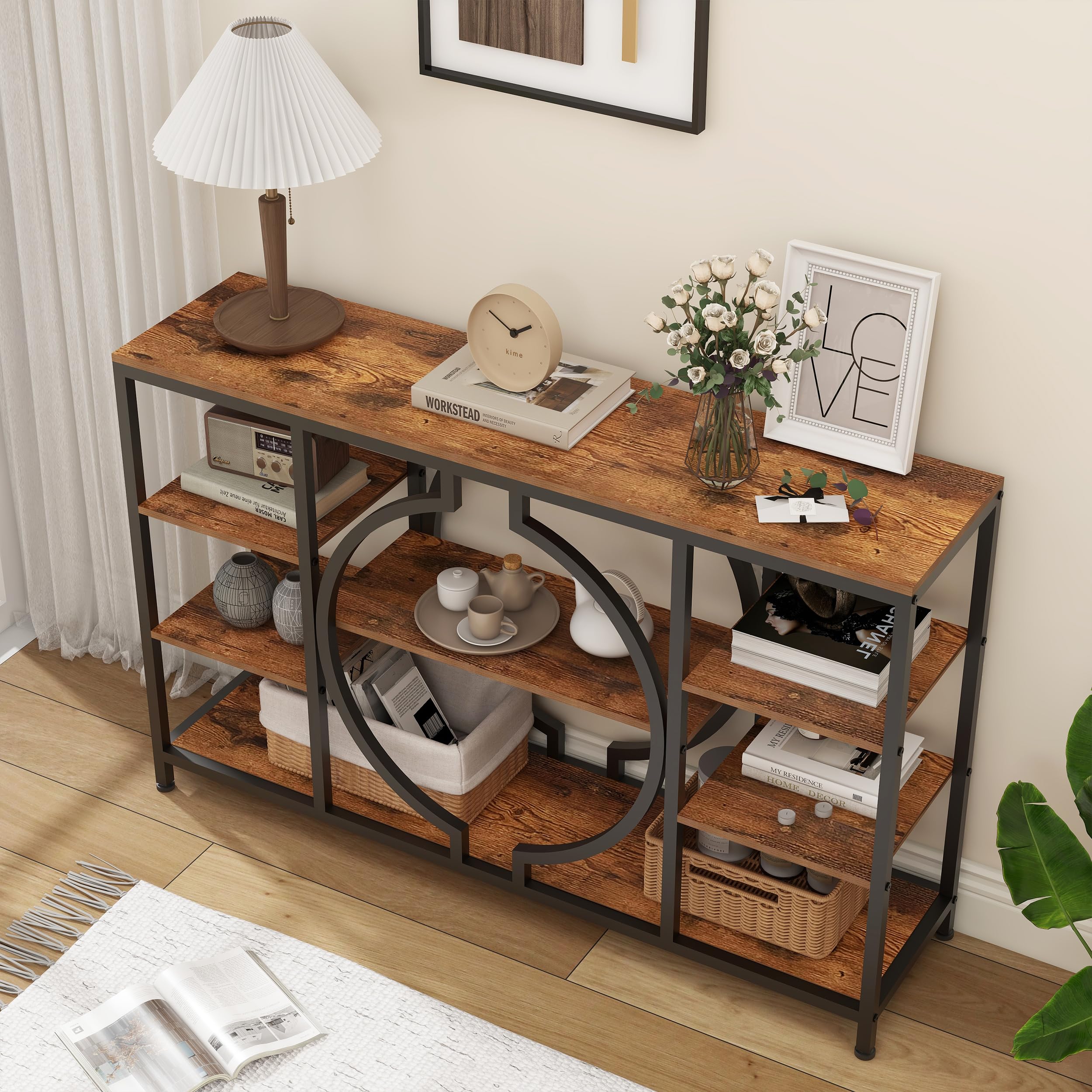 47" Industrial Console Table, 4-Tier Rustic Entryway Table with Storage, Wooden Sofa Table for Hallway, Foyer, Living Room, Rustic Brown