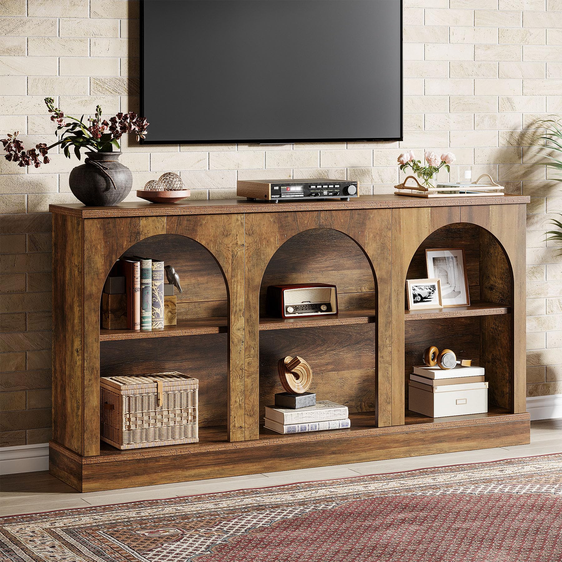 TV Consoles for Living Room, Television Stand for 55/60/65 Inch TV, Farmhouse Media Entertainment Center Stand with Storage Cabinets, Rustic Brown