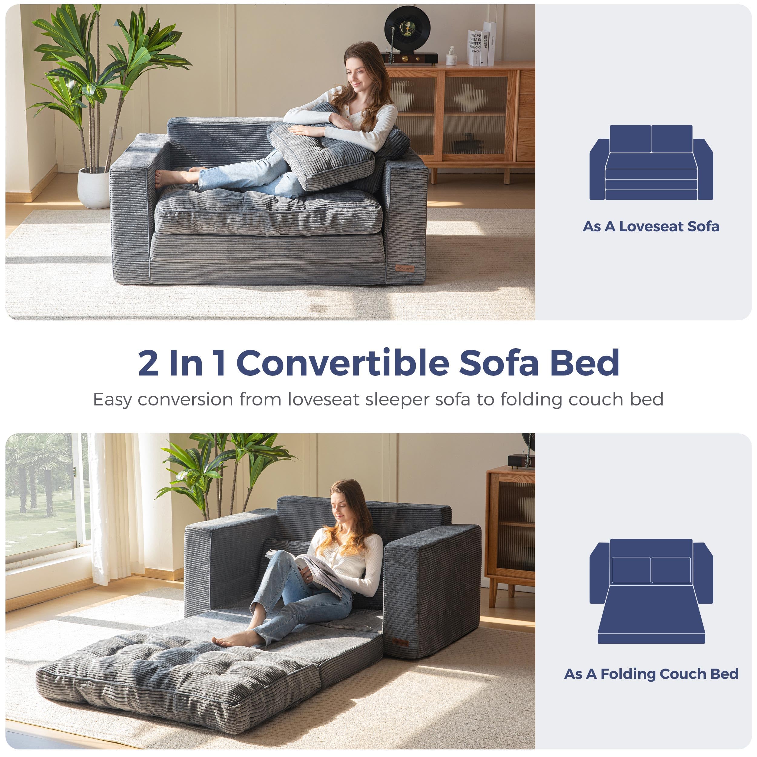 Convertible Sofa Bed, Pull-Out Loveseat Sleeper, 2-in-1 Folding Couch with Pillows for Living Room, Bedroom, Lounge, Dark Grey