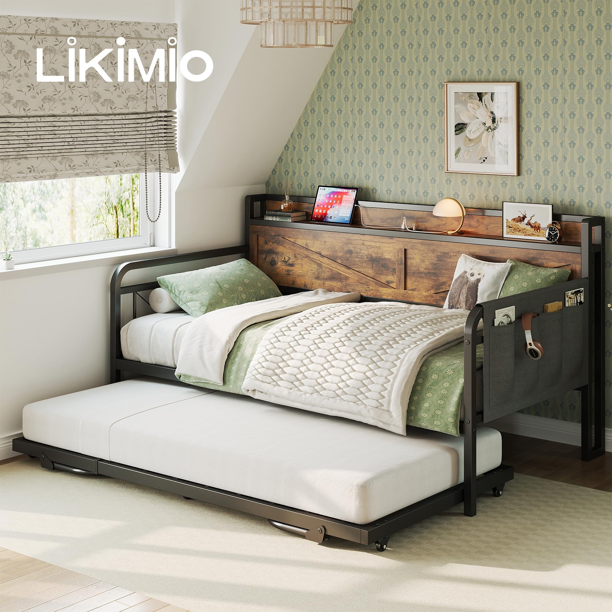 Twin Daybed with Trundle, Storage Headboard with Charging Station, Sturdy Sofa Bed for Bedroom, Living Room, Industrial Brown