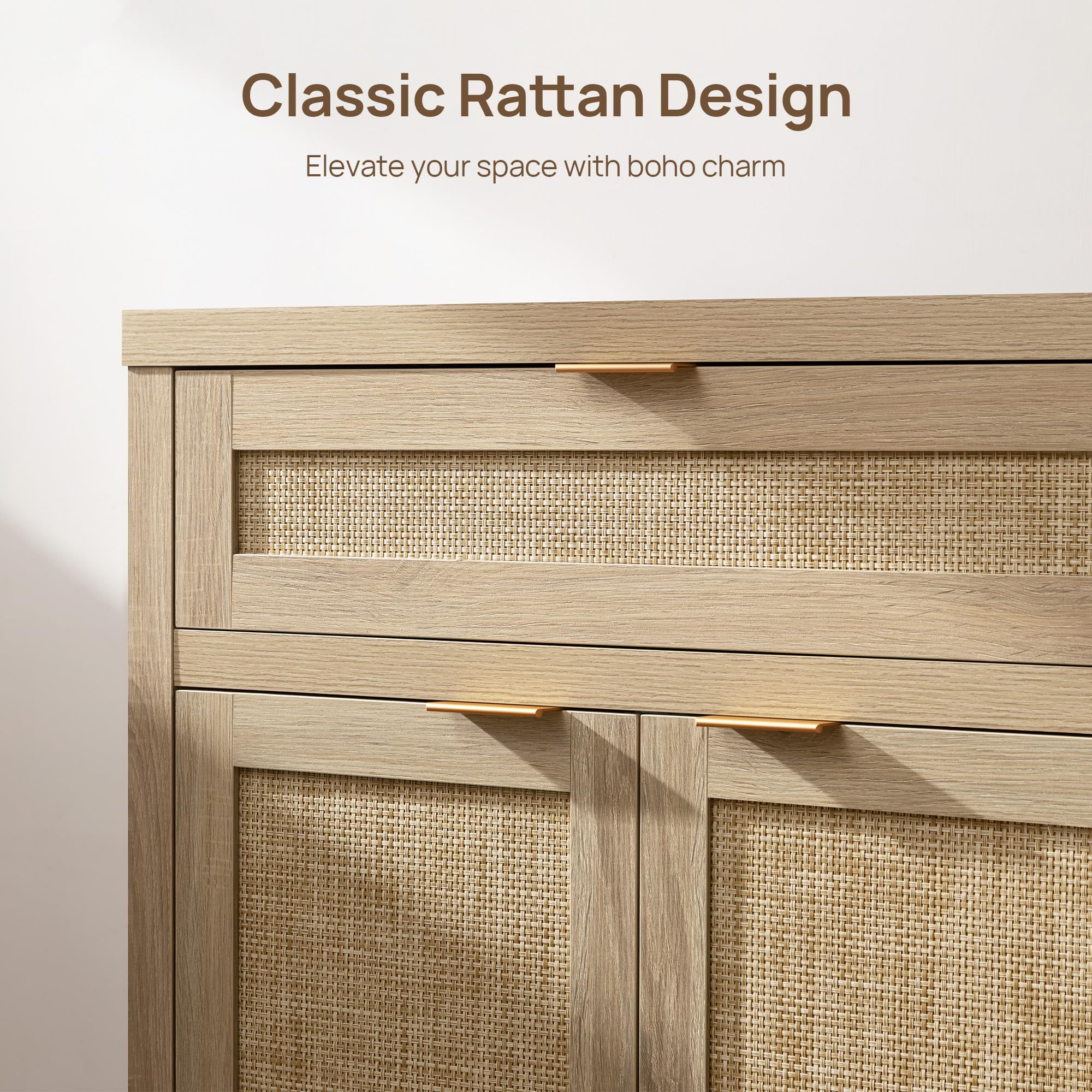 Sideboard Buffet Storage Cabinet Set of 2, Rattan Credenza Buffet Table, Boho Console Accent Cabinet with Doors and Drawer, Coffee Bar