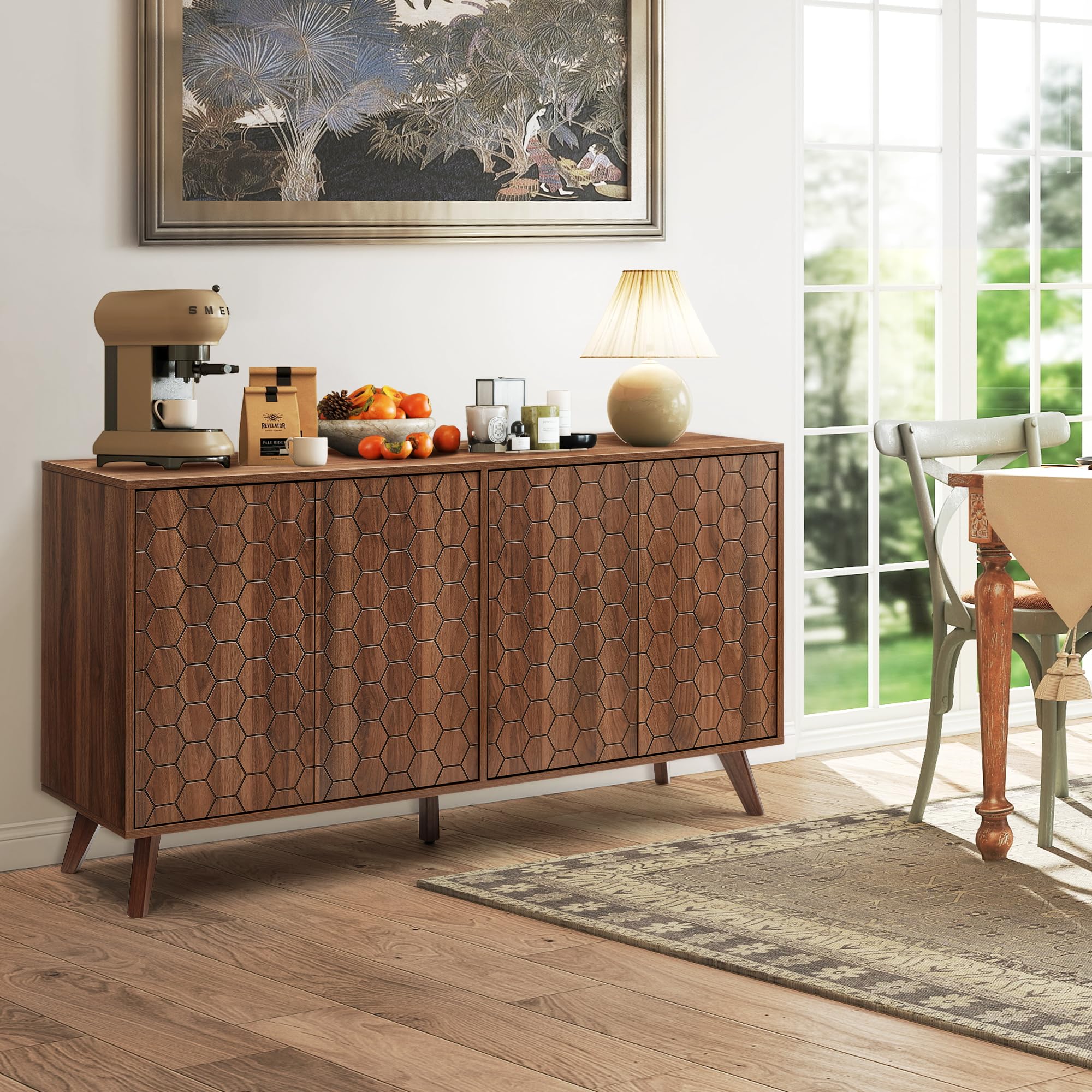 58'' Large Sideboard Buffet Cabinet with Storage, Mid Century Modern Storage Cabinet with 4 Doors & Shelves, Wooden Credenza Coffee Bar TV