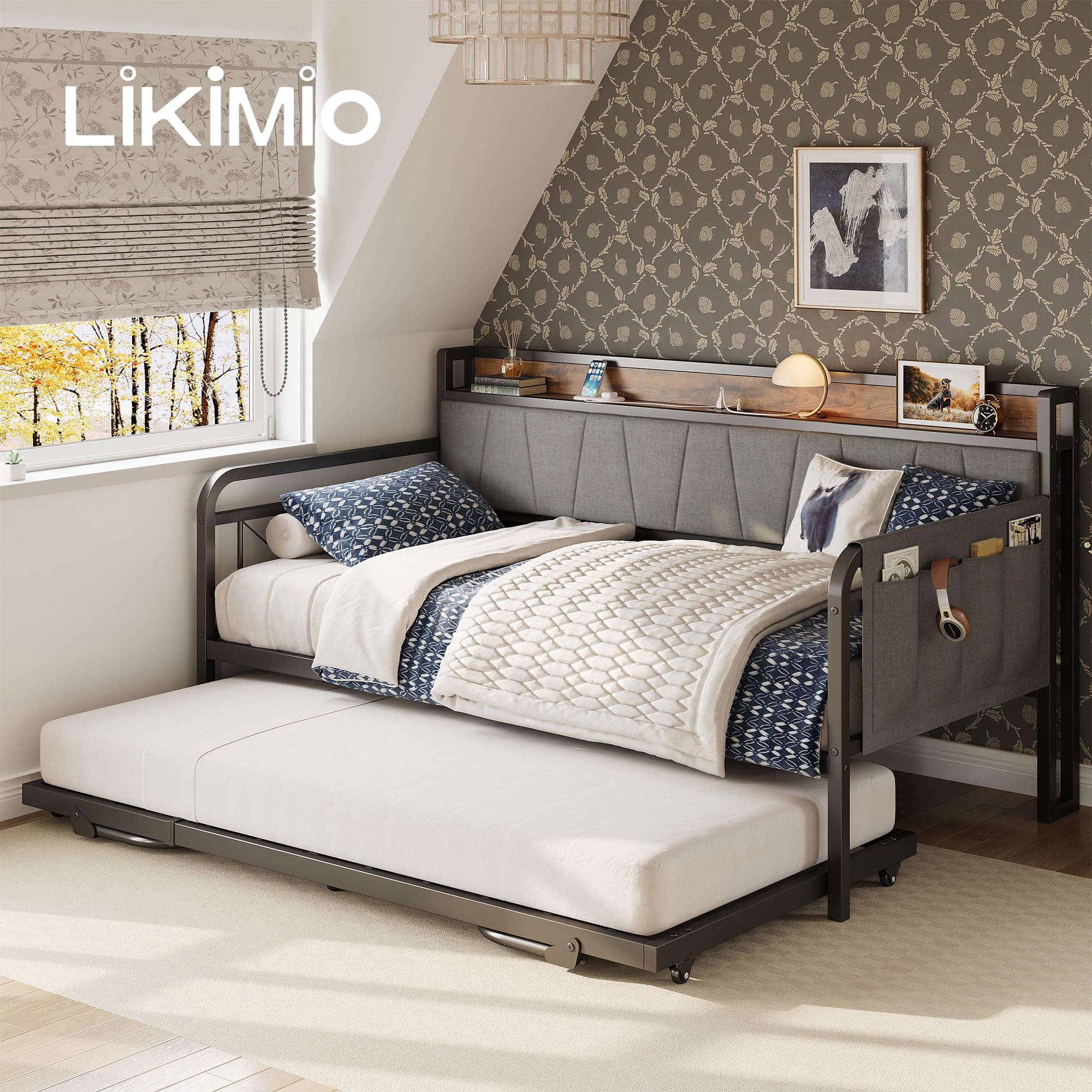 Twin Daybed with Trundle, Bed Frame with Storage Headboard & Charging Station, Sofa Bed for Bedroom, Guest Room, Grey