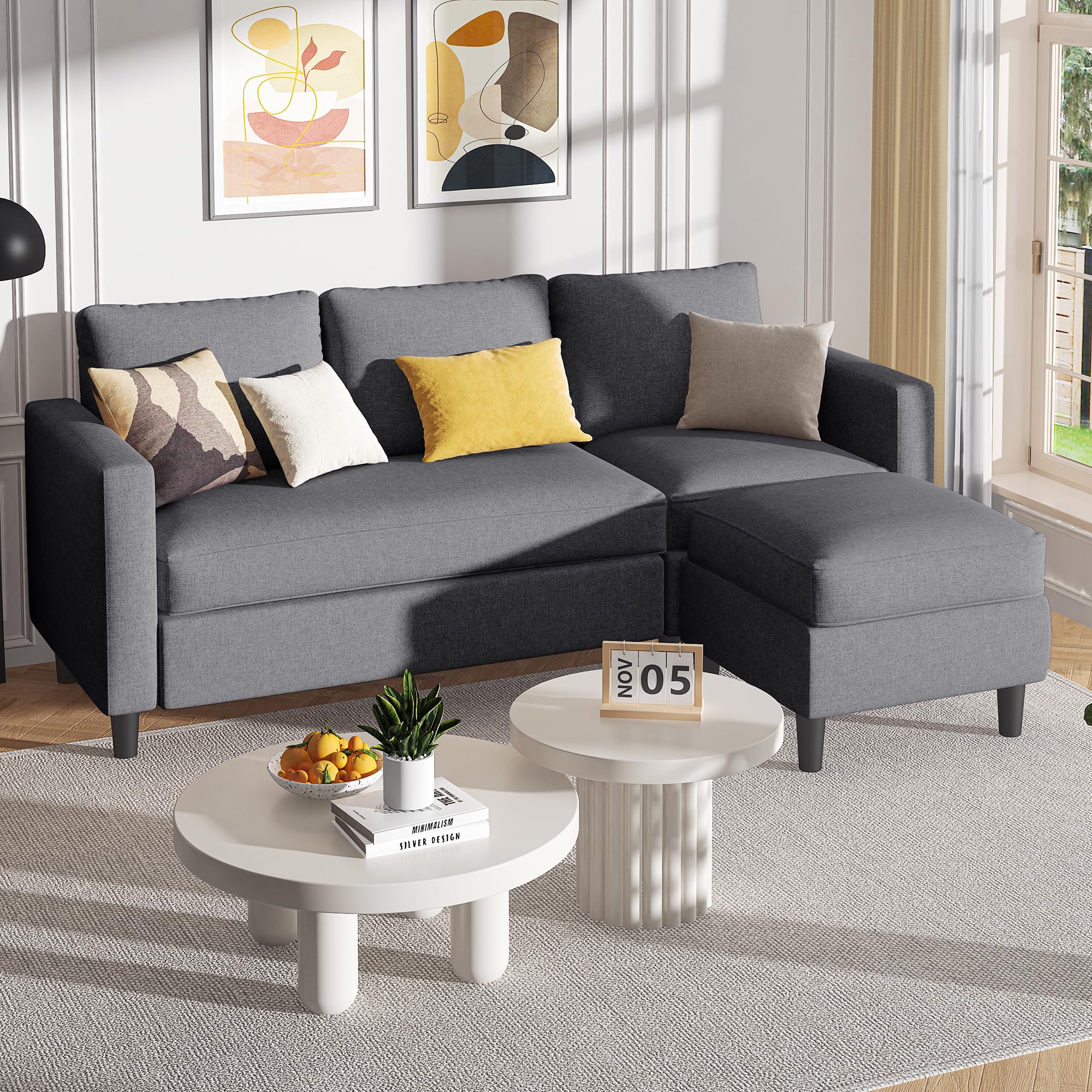 Small Sectional Couch, 3-Seat L-Shaped Sofa with Ottoman, Convertible Fabric Upholstered Sofa for Apartment, Living Room, Office, Dark Grey