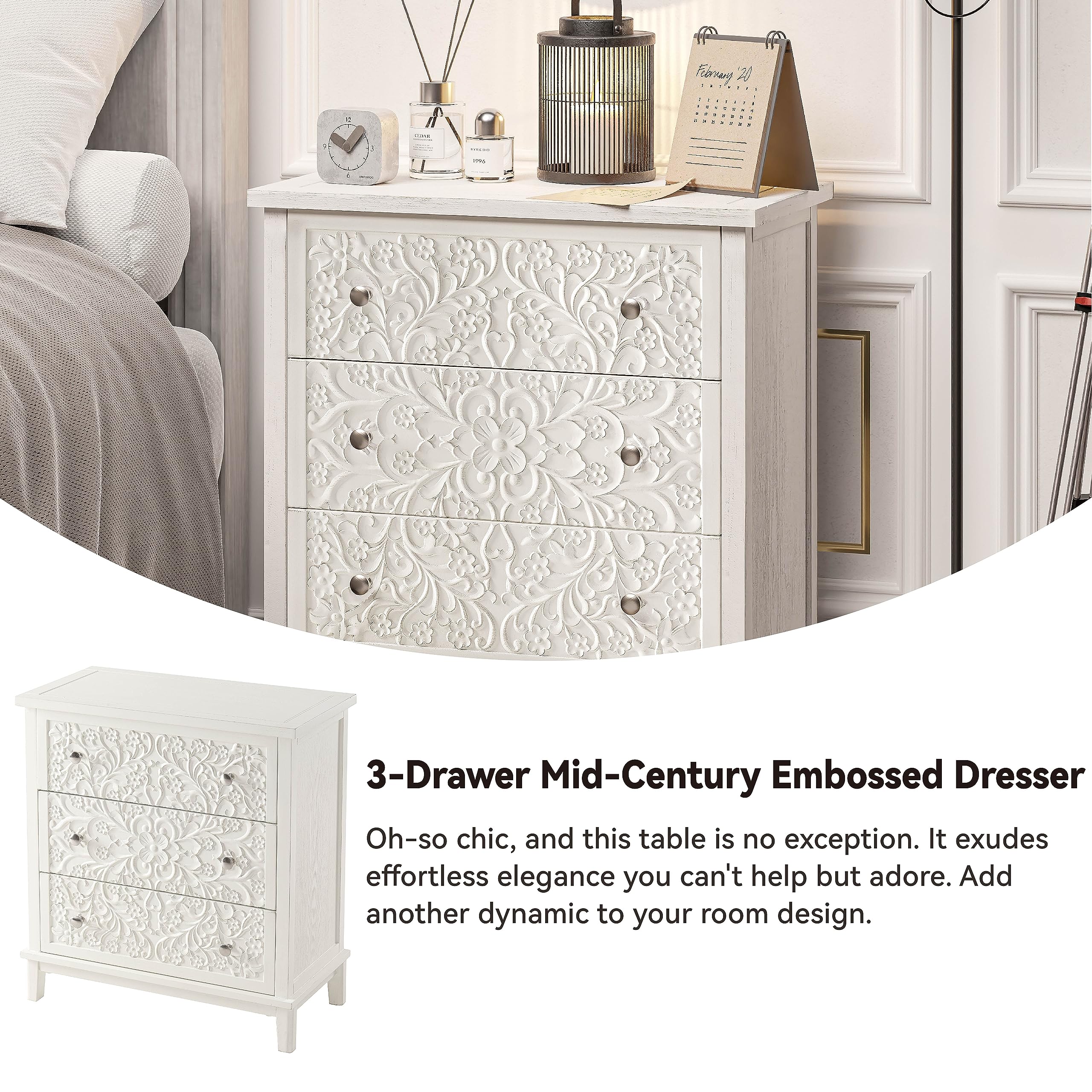3-Drawer Fully-Assembled Flower Motif Dresser for French Country, Farmhouse, Modern, Rustic Style, Distressed Finish, White-Washed