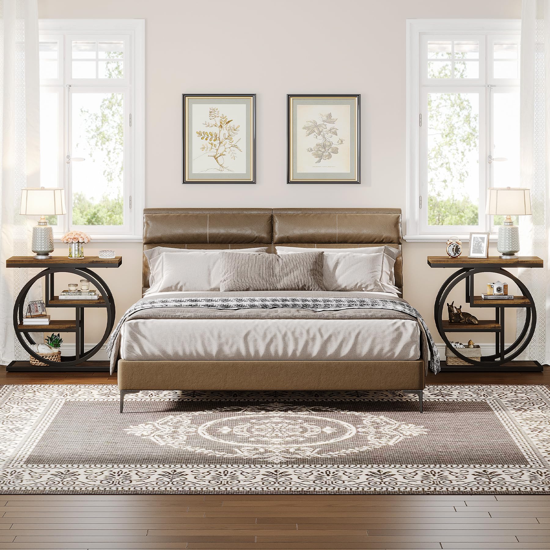 Set of 2 End Tables, 4-Tier Narrow Side Tables with Storage Shelves, Rustic Brown Wood & Metal Frame for Sofa, Bedroom, Living Room