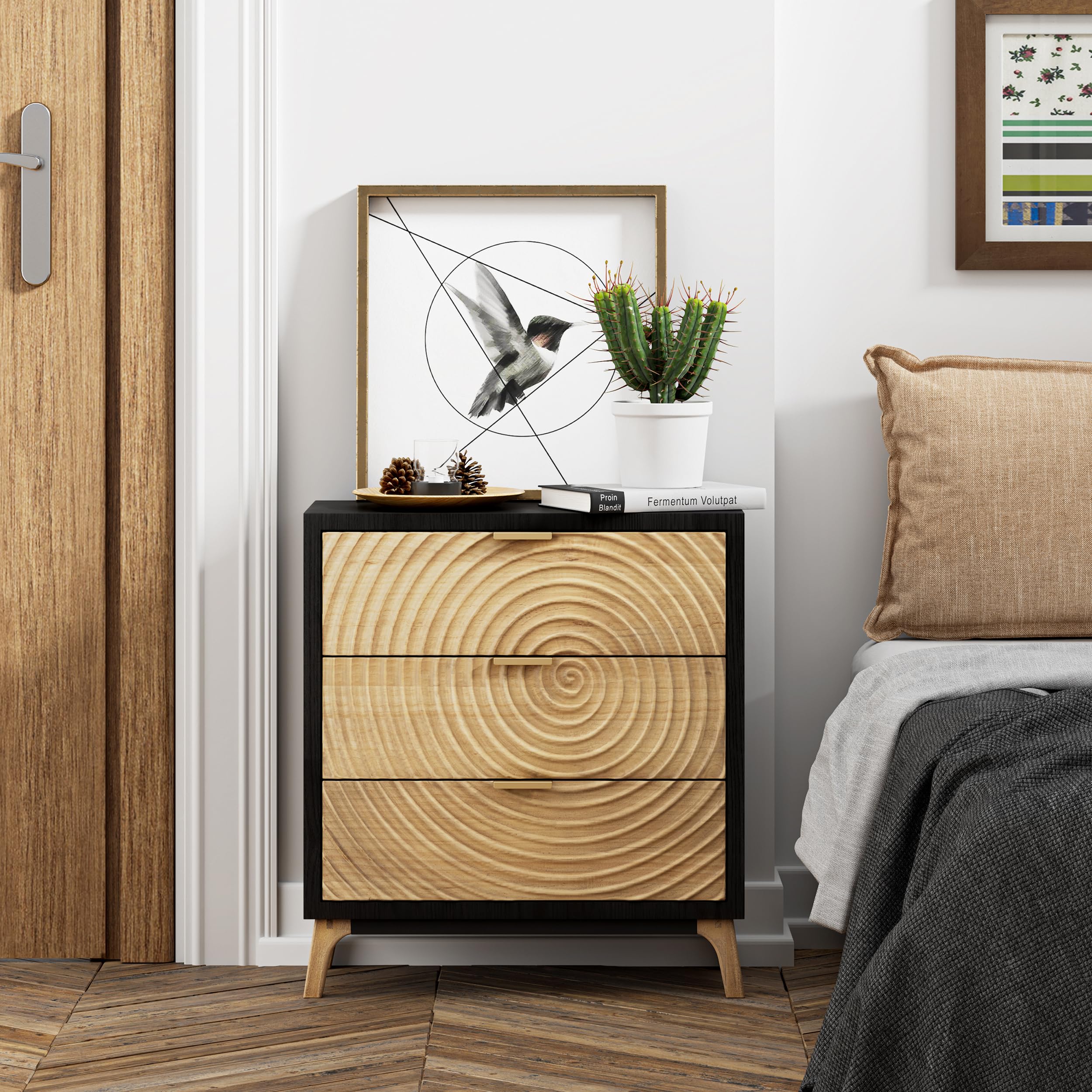 3-Drawer Farmhouse Dresser with Handcrafted Wood Ring Motif, Black Nightstand for Bedroom, Fully-Assembled, Rustic and Morden