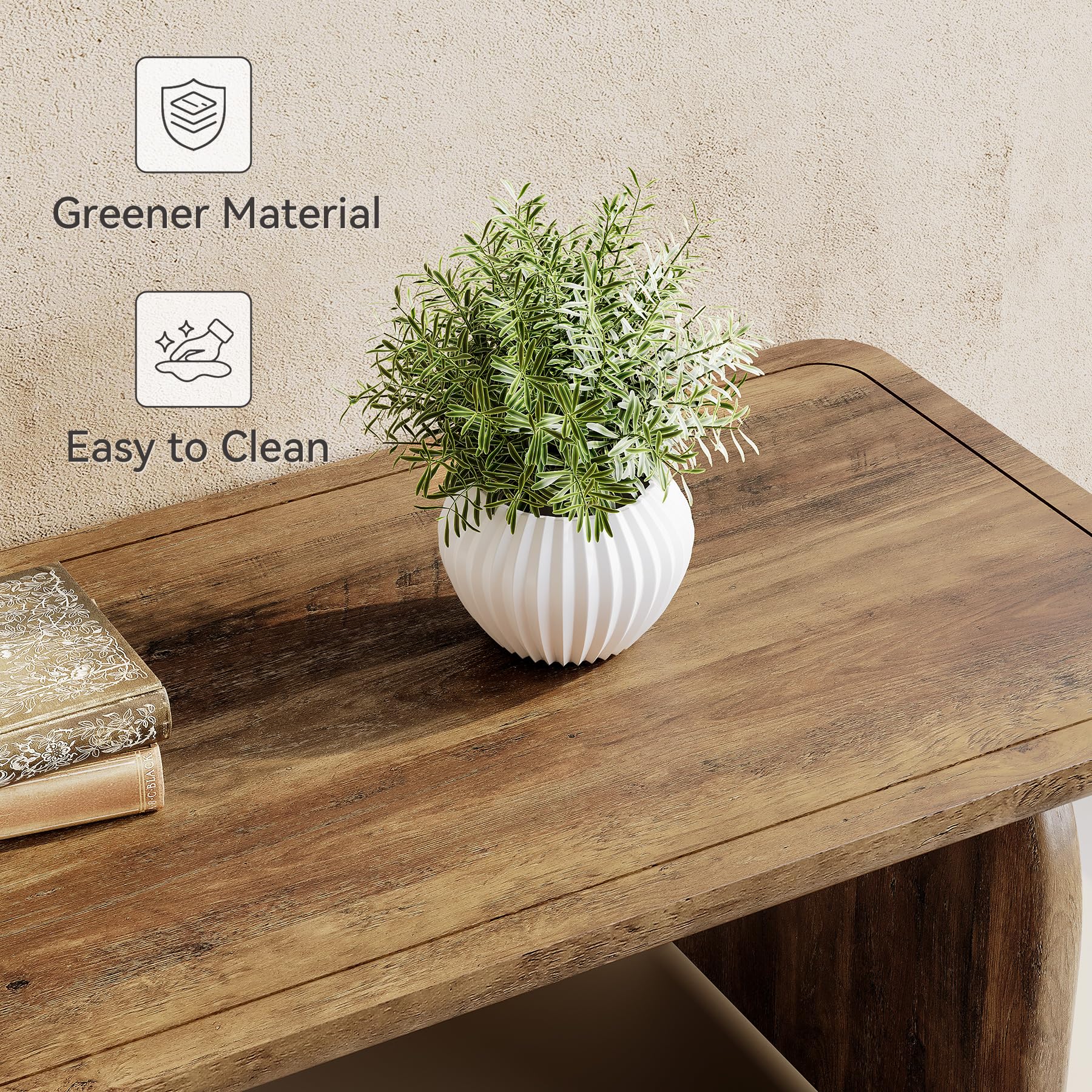 Farmhouse Coffee Table – 47" Rustic Brown Wood Center Table with Rounded Corners, Modern Rectangular Tea Table for Living Room