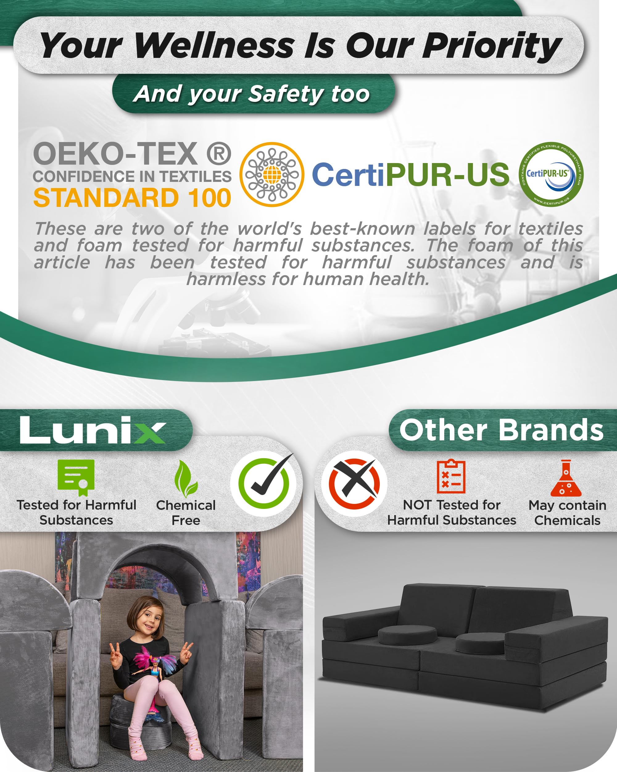 LX15 Modular Kids Play Couch, 14pcs Convertible Foam Sectional Sofa for Toddlers, Fortplay Furniture for Bedroom & Playroom, Steel Gray