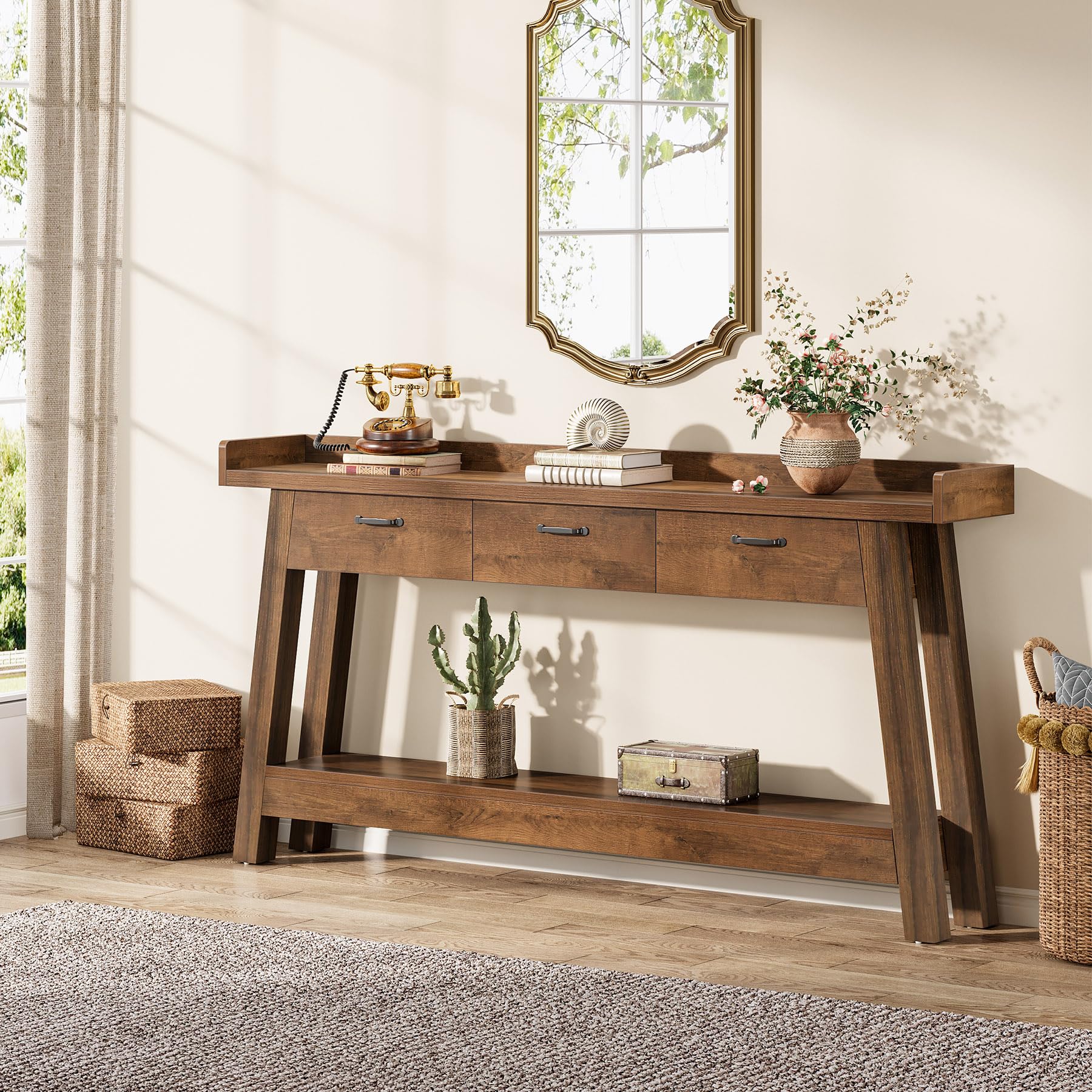70.9" Farmhouse Sofa Console Table with 3 Drawers, 2-Tier Extra Long Entryway Table with Shelves & Baffle for Hallway, Living Room, Rustic Brown