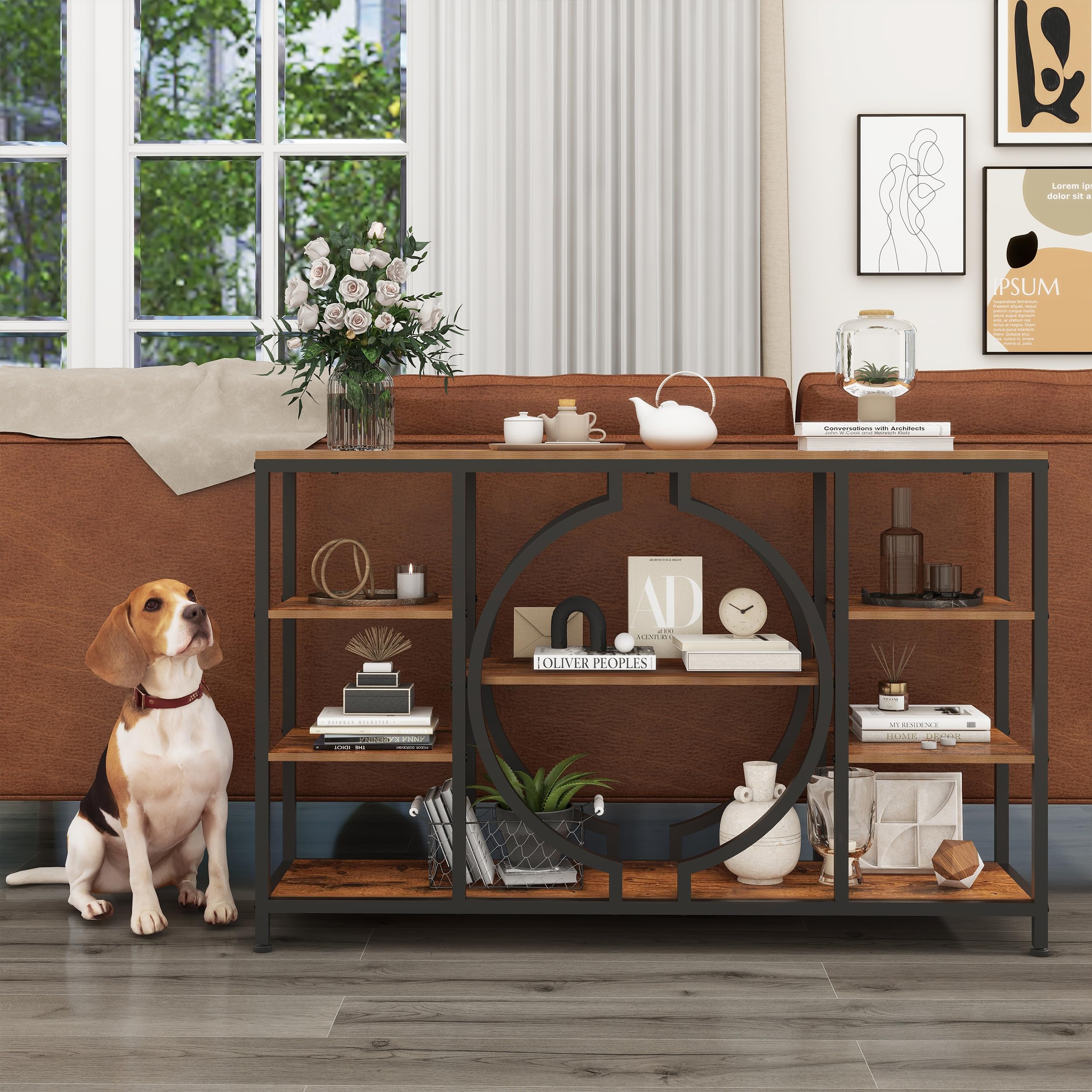 47" Industrial Console Table, 4-Tier Rustic Entryway Table with Storage, Wooden Sofa Table for Hallway, Foyer, Living Room, Rustic Brown