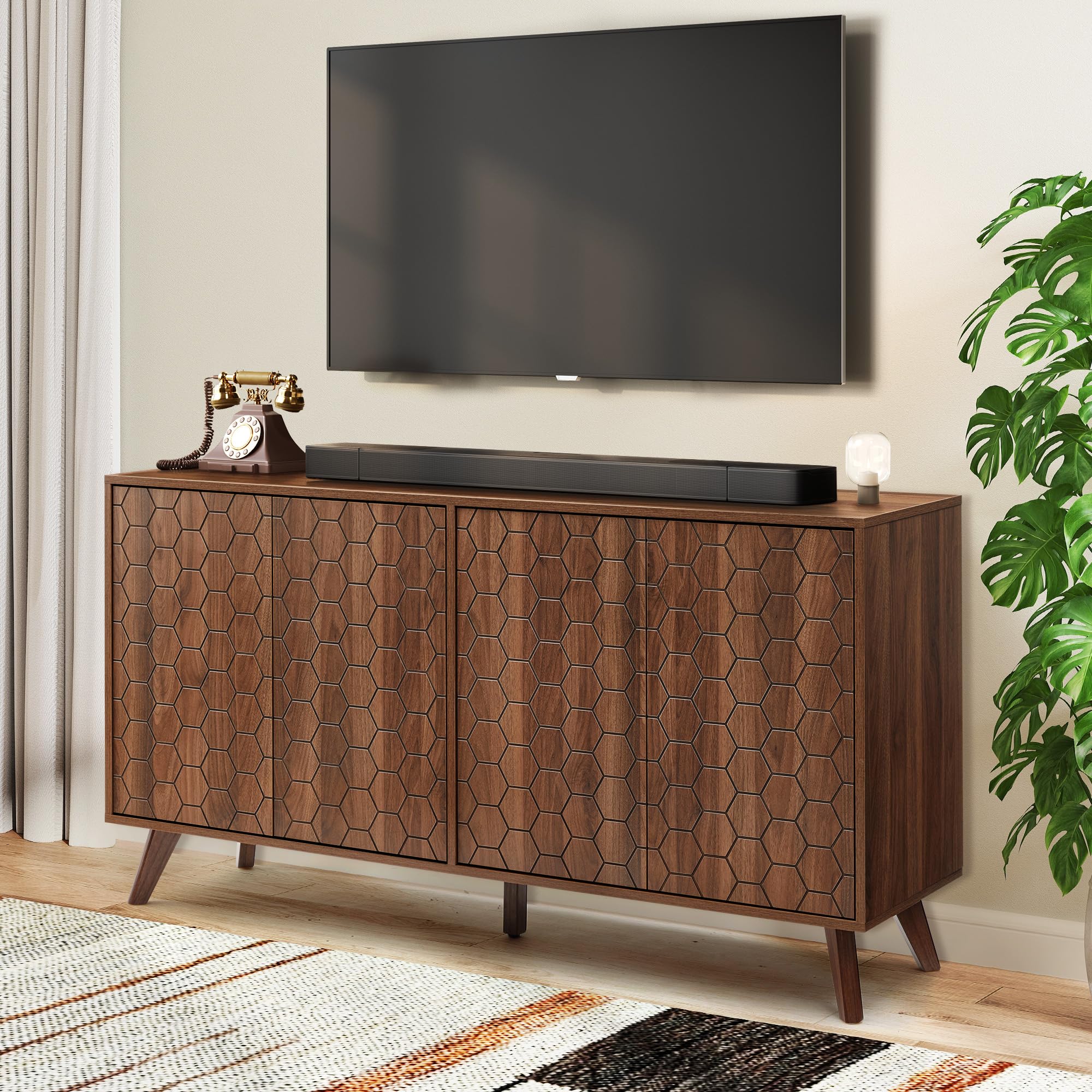 58'' Large Sideboard Buffet Cabinet with Storage, Mid Century Modern Storage Cabinet with 4 Doors & Shelves, Wooden Credenza Coffee Bar TV