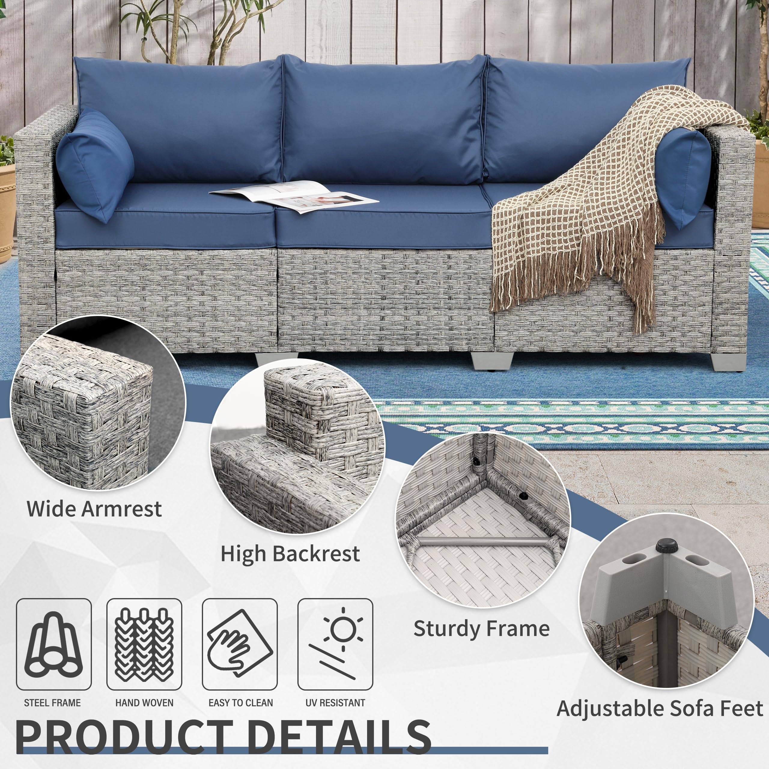 Outdoor Couch 3 Seater Wicker Patio Sofa Grey Rattan Deep Seat Balcony Furniture Porch Seating with Navy Blue Cushion