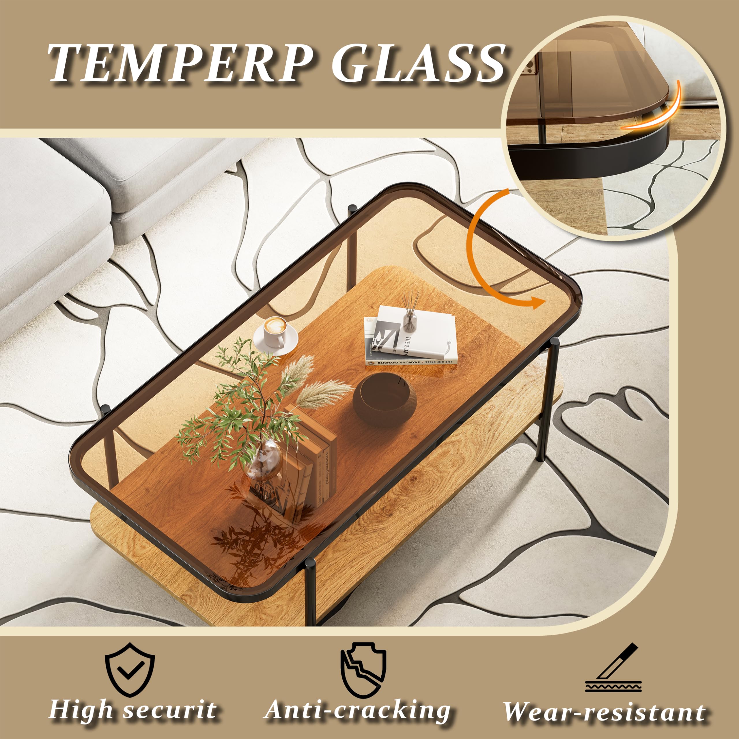 Modern Brown Glass Coffee Table, 2-Tier Rectangular Center Table with Metal Legs & Wood Storage, Rounded Corners for Living Room or Office