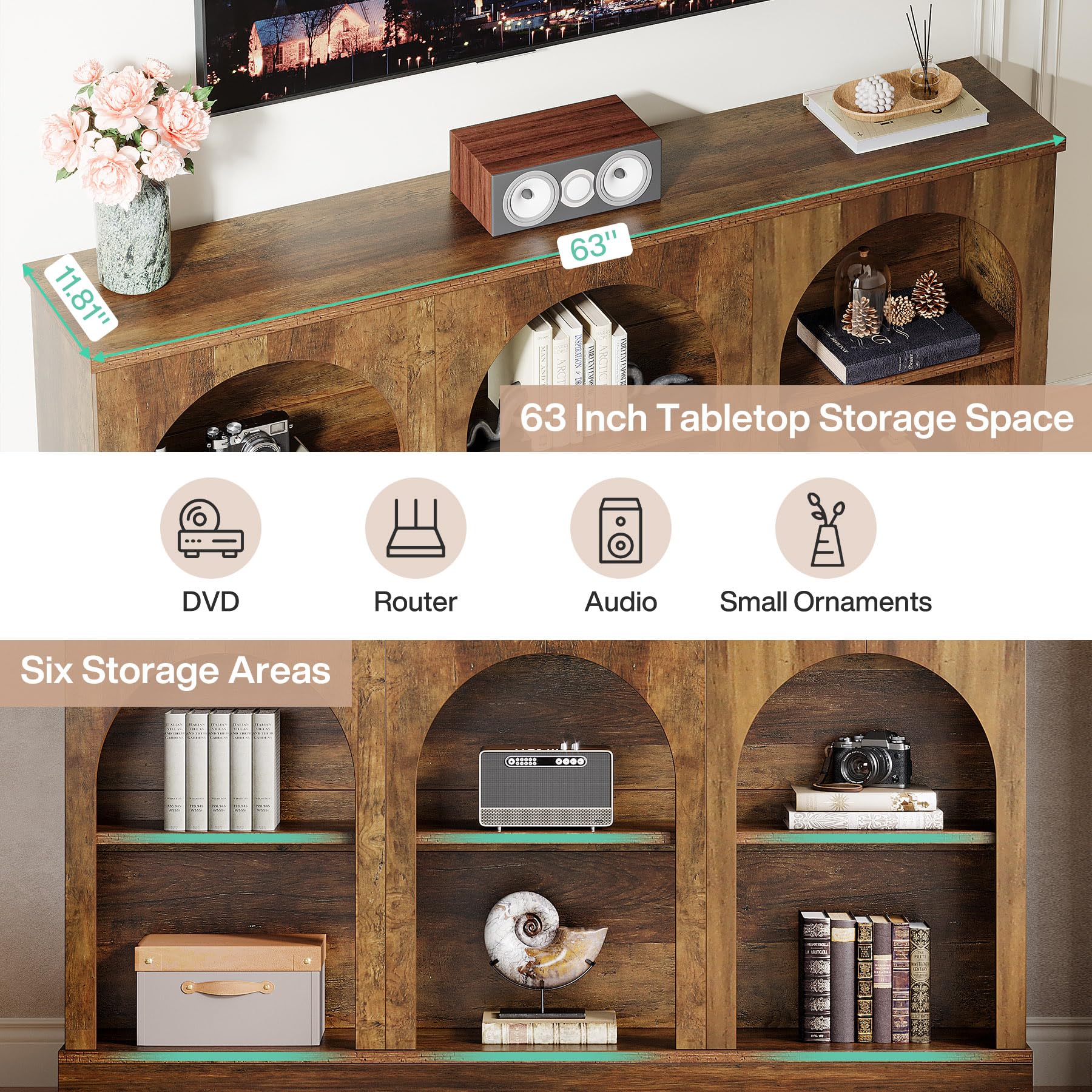 TV Consoles for Living Room, Television Stand for 55/60/65 Inch TV, Farmhouse Media Entertainment Center Stand with Storage Cabinets, Rustic Brown