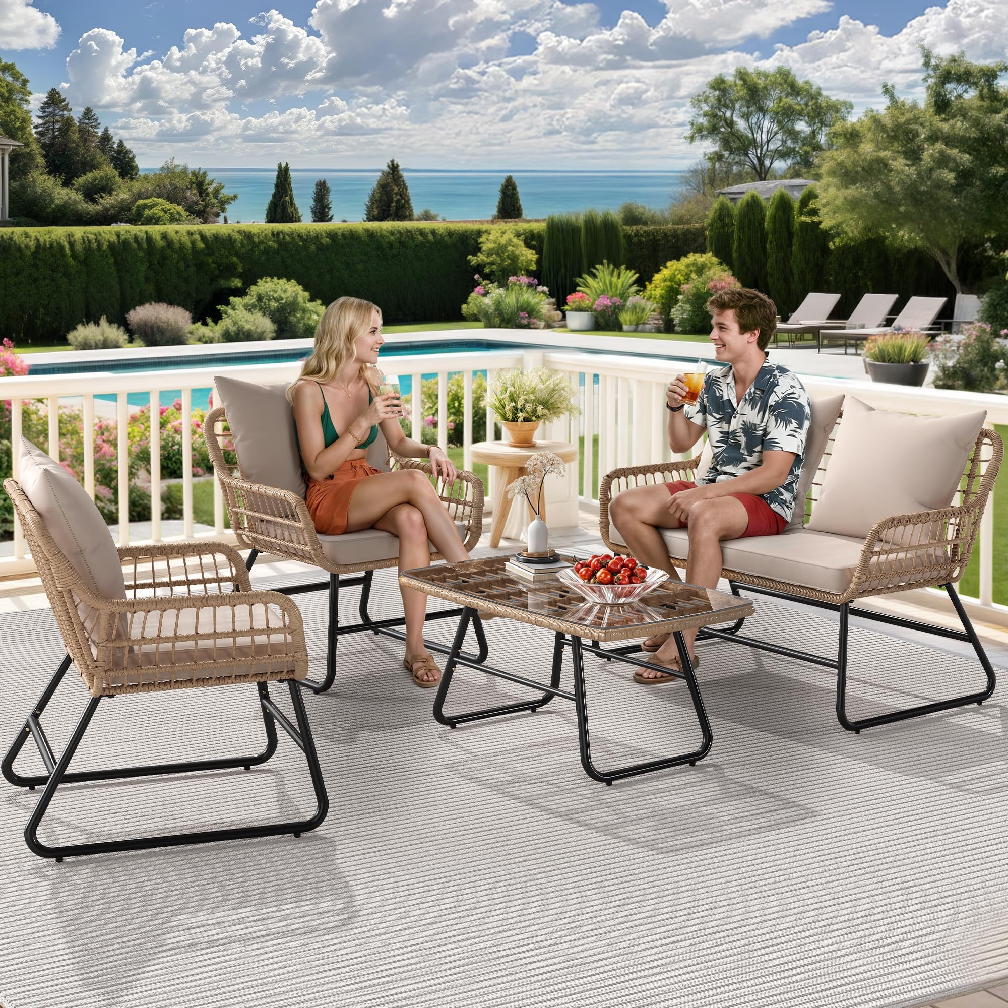 Outdoor Patio Conversation Set 4 Pieces, Wicker Furniture with Cushions & Coffee Table, Rattan Bistro Chairs with Side Table, Beige