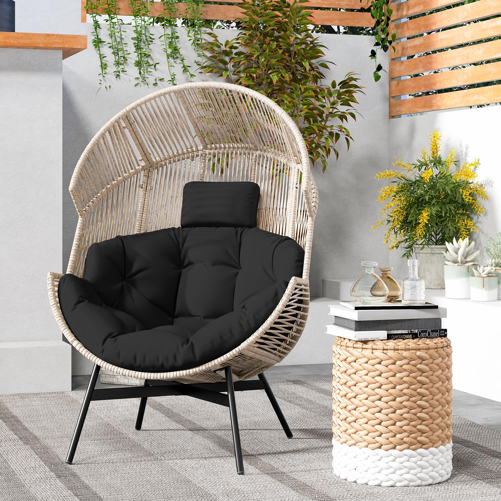 Oversized Wicker Egg Chair with Cushions & Headrest, Stationary Patio Basket Lounge Chair, Heavy-Duty Frame for Porch, Yard, Living Room