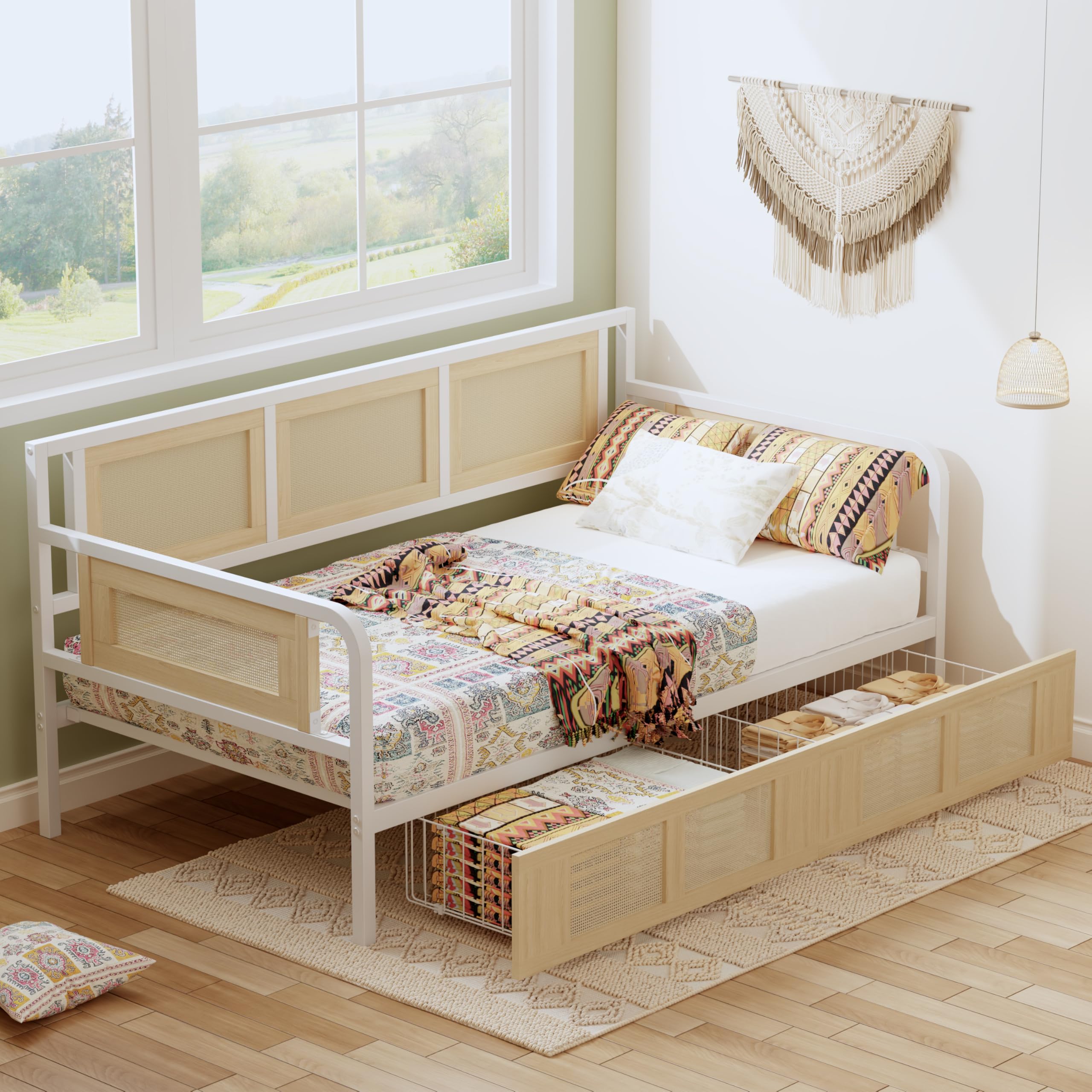 Twin Daybed with Storage Drawers, Rattan Style Corner Bed Frame with Strong Supports for Bedroom, Living Room, Guest Room