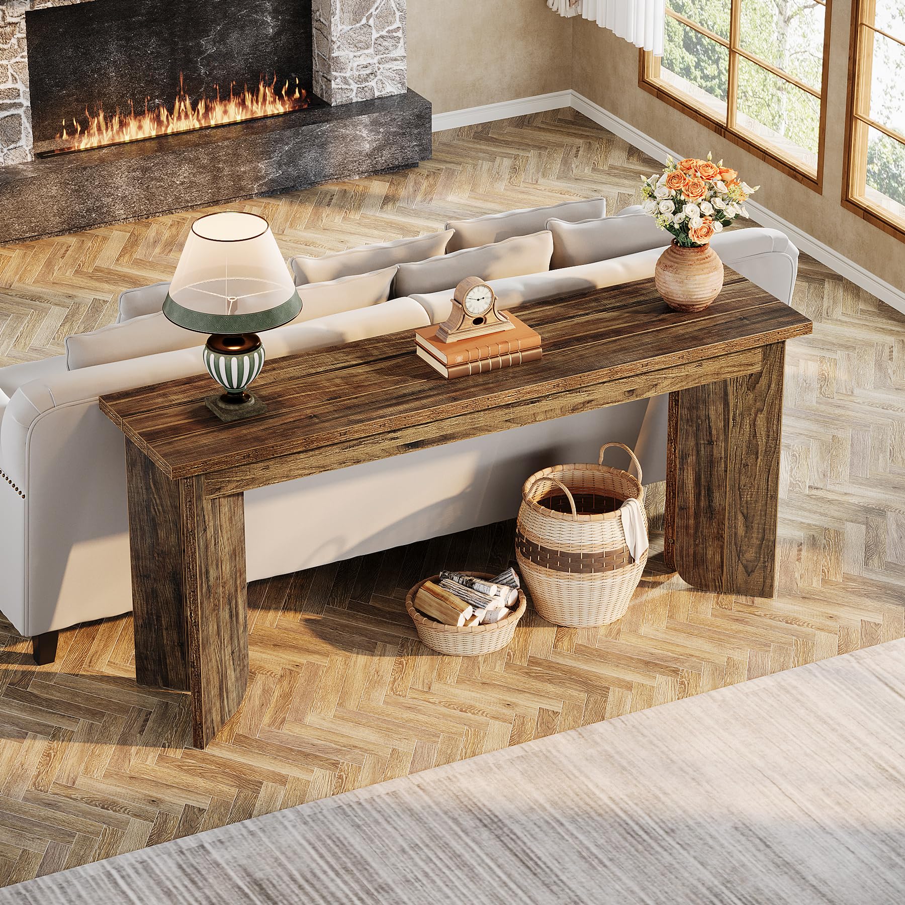 70.9" Farmhouse Console Table, Extra Long Wood Sofa Table with Widened Top & Double Pedestal Base for Living Room, Hallway, Foyer, Rustic Brown
