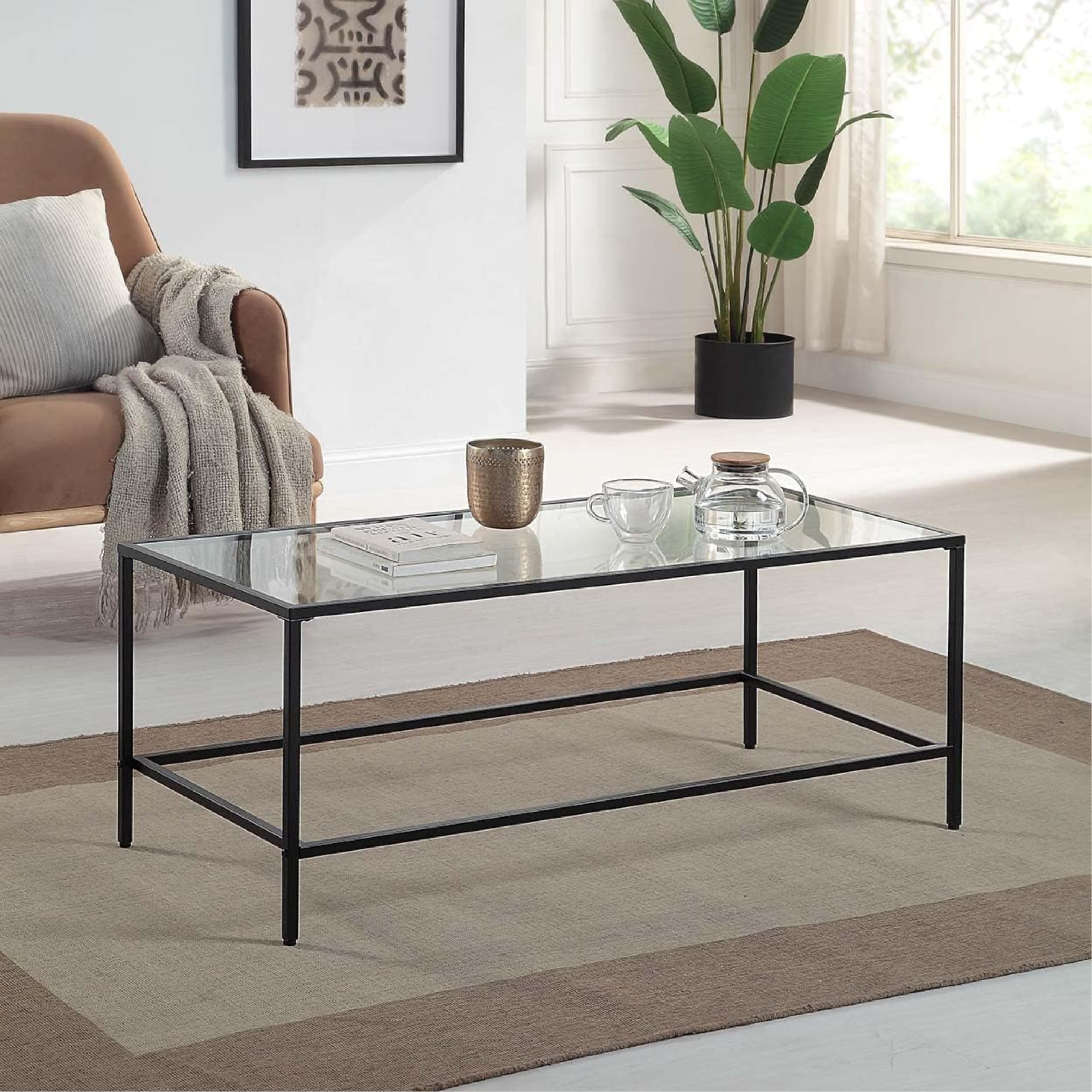Black Coffee Table, Tempered Glass Wide Rectangle Coffee Table with Black Metal Frame, Modern Minimalist Center Table for Living Room, Dininng