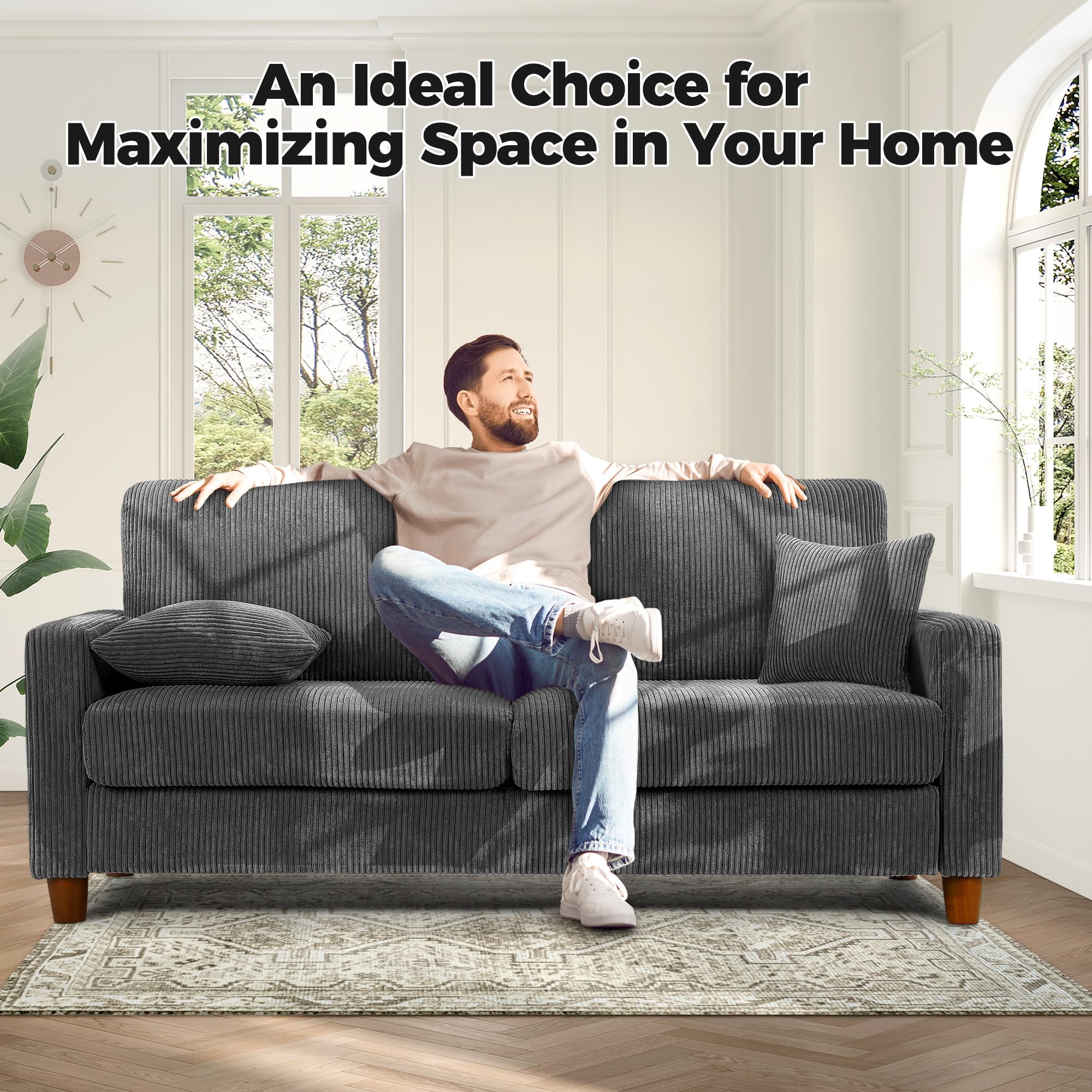 70" Grey Sofa with 21" Extra Deep Seats, Comfy Corduroy Loveseat with 2 Pillows, No-Tool Assembly, Oversized Couch for Living Room, Bedroom