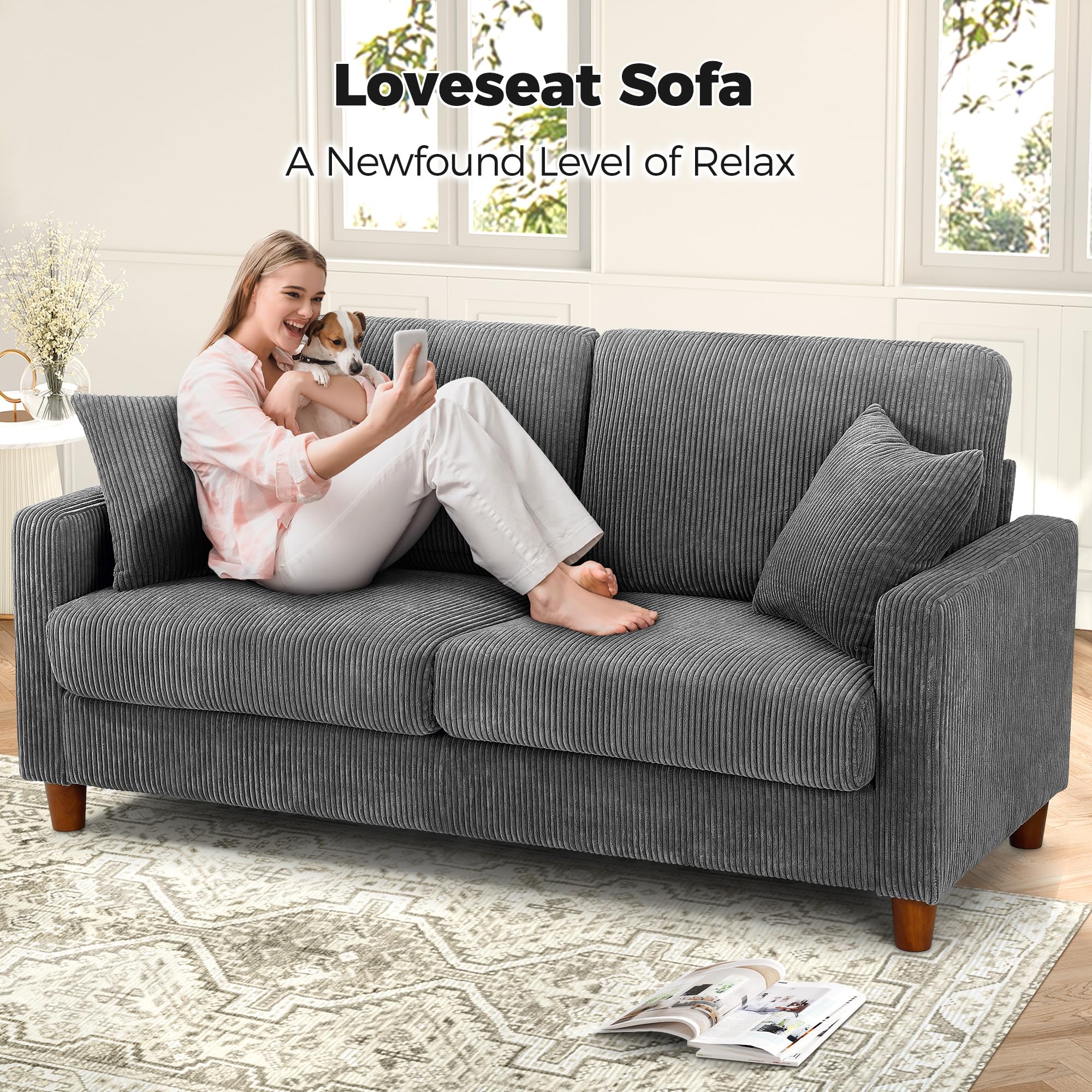 70" Grey Sofa with 21" Extra Deep Seats, Comfy Corduroy Loveseat with 2 Pillows, No-Tool Assembly, Oversized Couch for Living Room, Bedroom