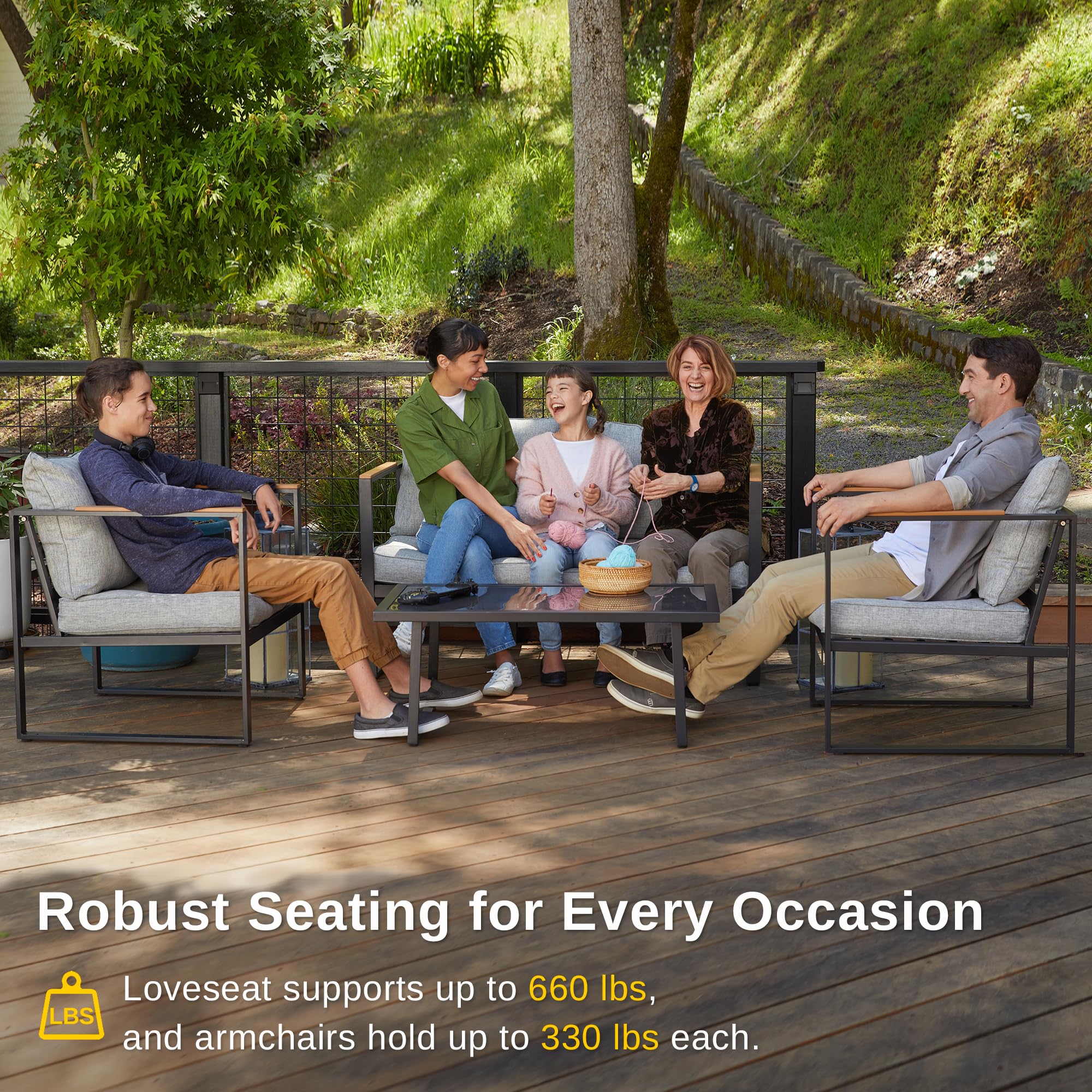 4-Piece Patio Furniture Set with Sofa, Washable Cushions & Tempered Glass Table, Outdoor Conversation Set for Backyard, Light Gray & Black