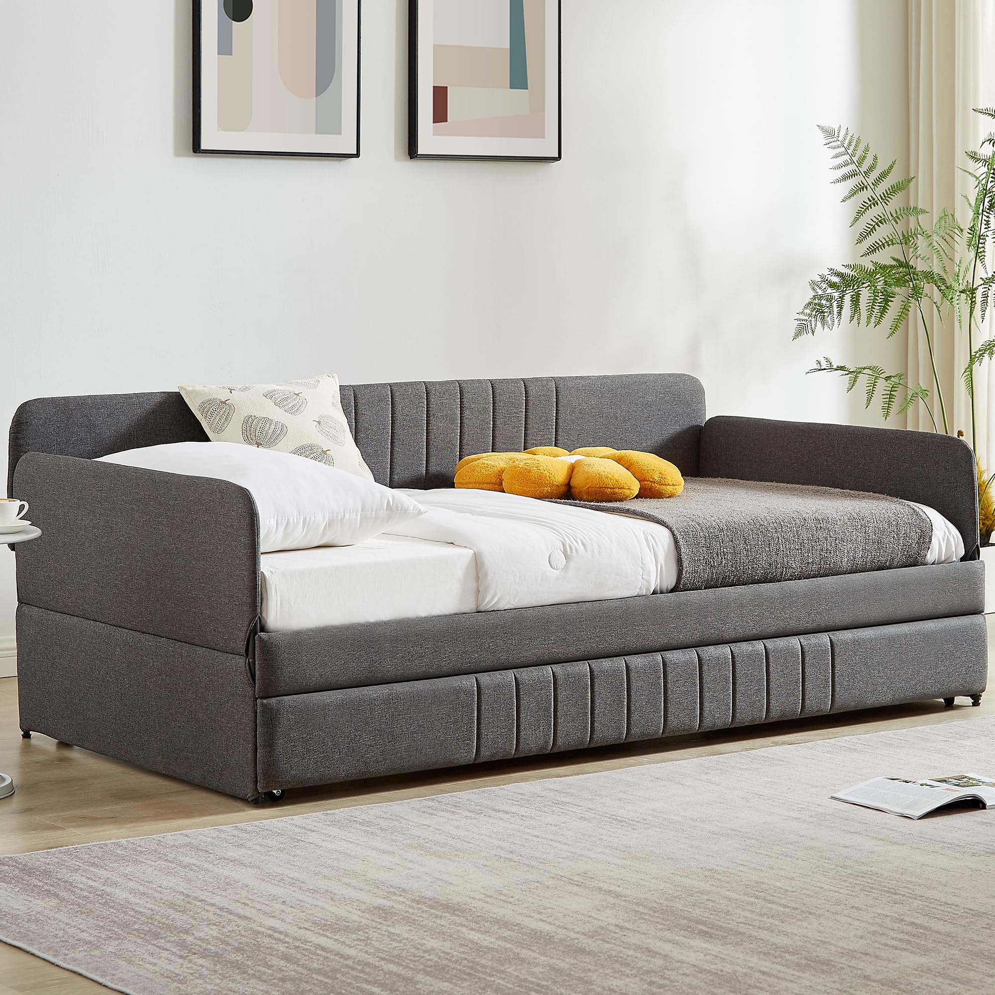 Twin Daybed with Trundle, Linen Upholstered Sofa Bed with Arm & Backrest, No Box Spring Needed, Twin Size Day Bed for Bedroom, Gray