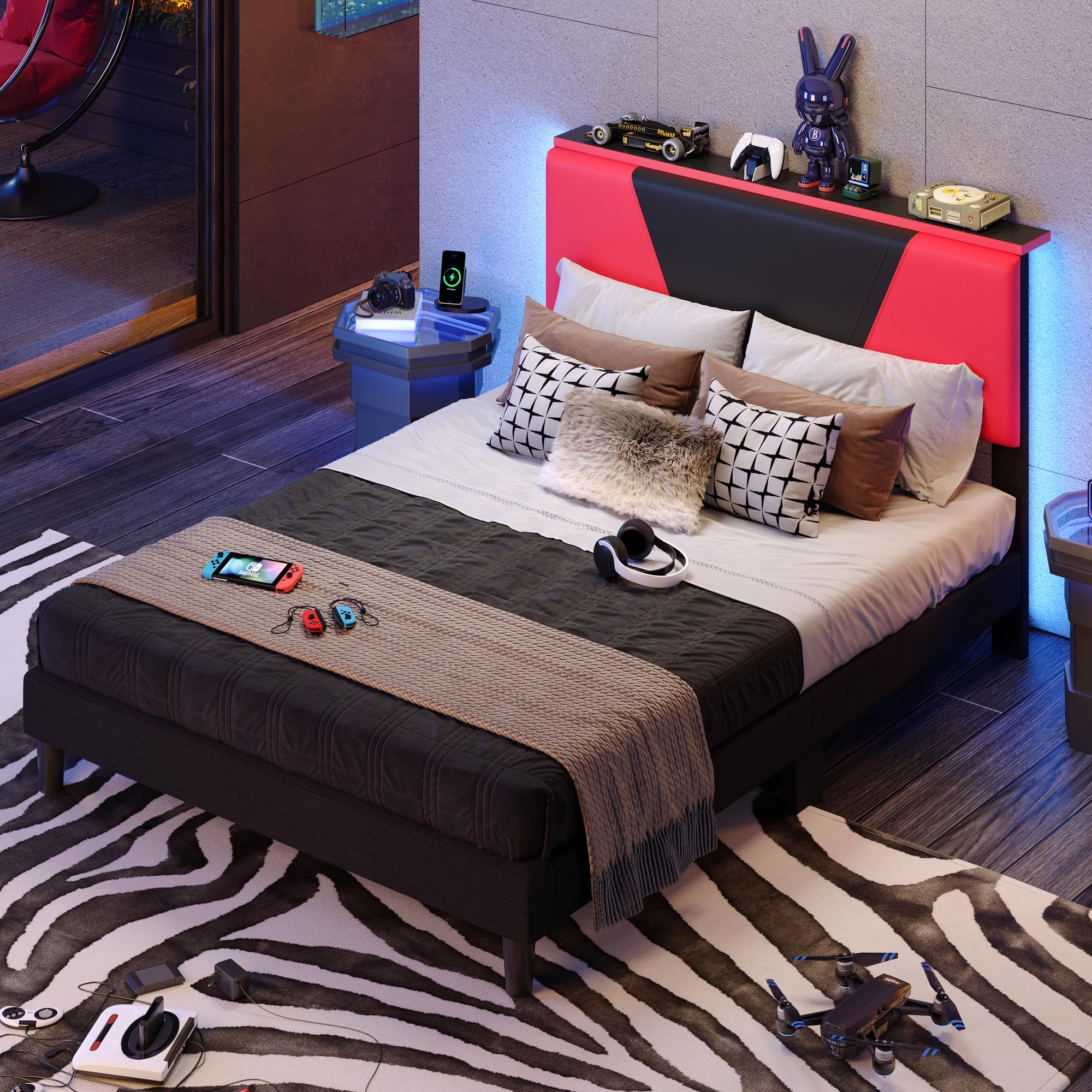 Full Size LED Bed Frame with Adjustable Headboard, Faux Leather Gaming Bed with Storage Shelf, Noise-Free Slats, Black-Red