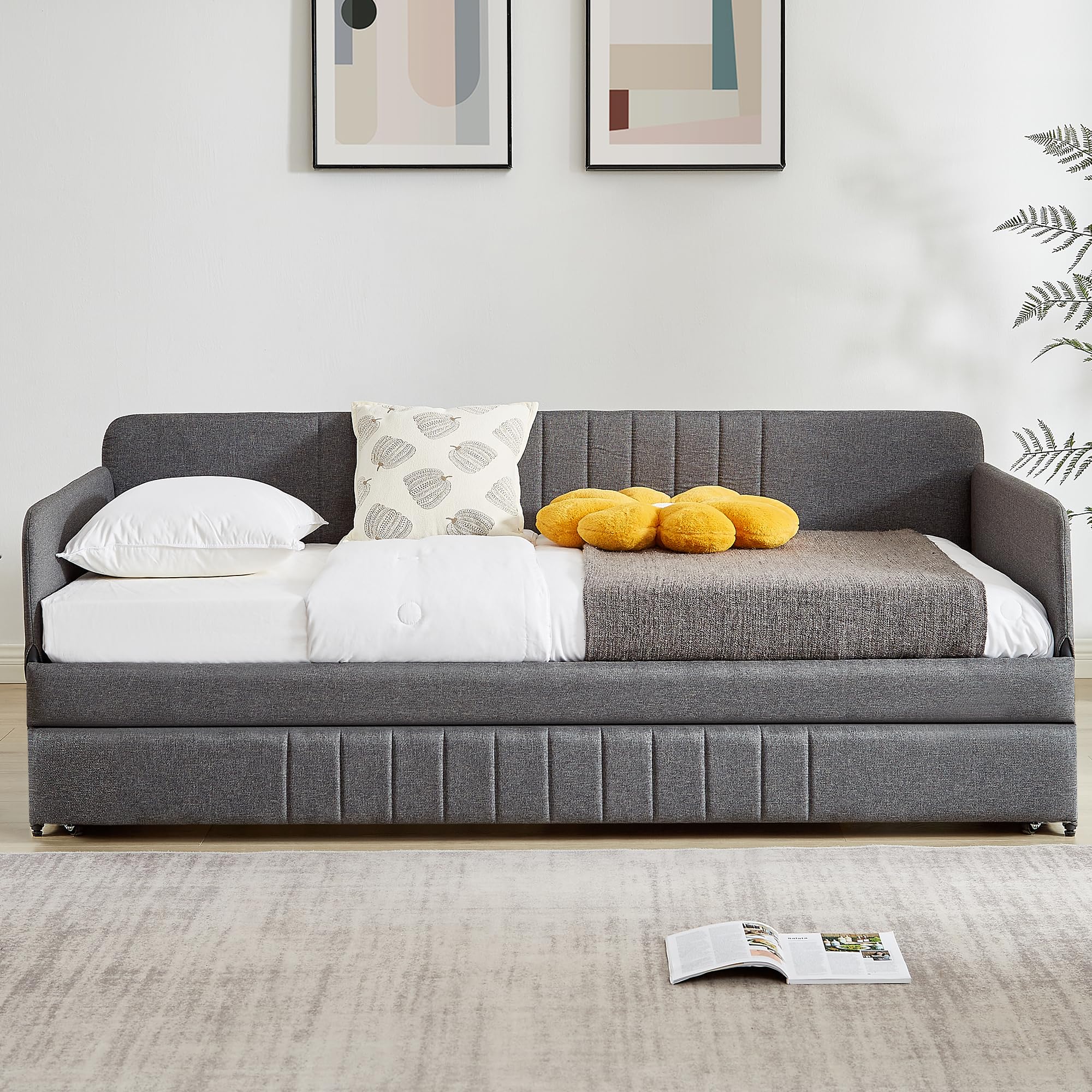 Twin Daybed with Trundle, Linen Upholstered Sofa Bed with Arm & Backrest, No Box Spring Needed, Twin Size Day Bed for Bedroom, Gray