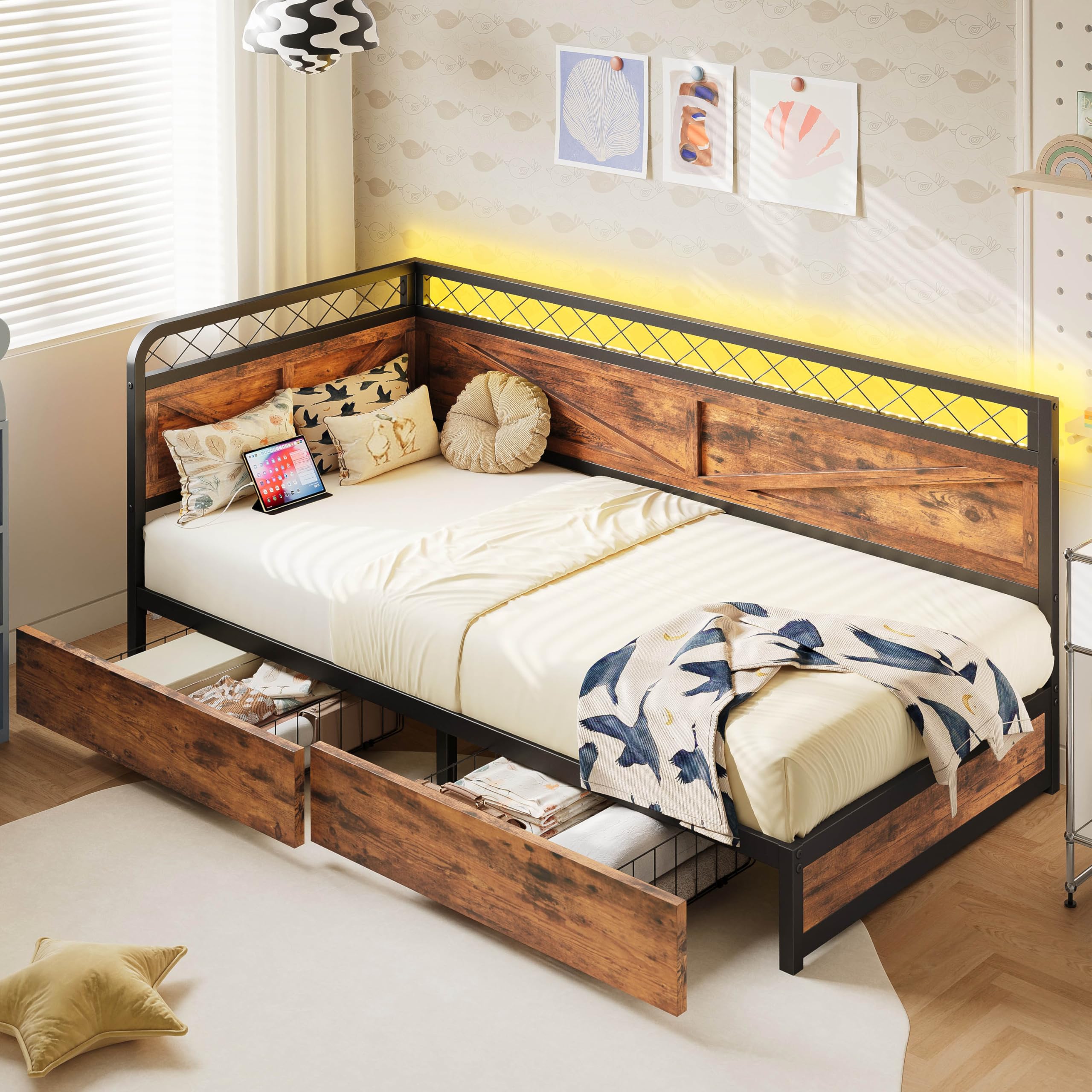 Twin Daybed with Storage Drawers, Corner Bed Frame with LED Lights and Charging Station for Living Room, Bedroom and Guest Room, Industrial Brown