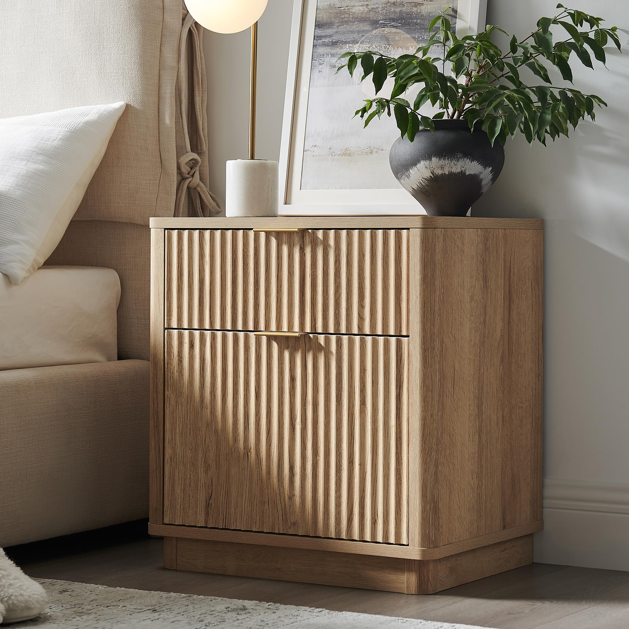 23" Fluted Nightstand with Charging Station, 2-Drawer Bedside Table, Modern End Table for Bedroom & Living Room, Natural Oak Finish