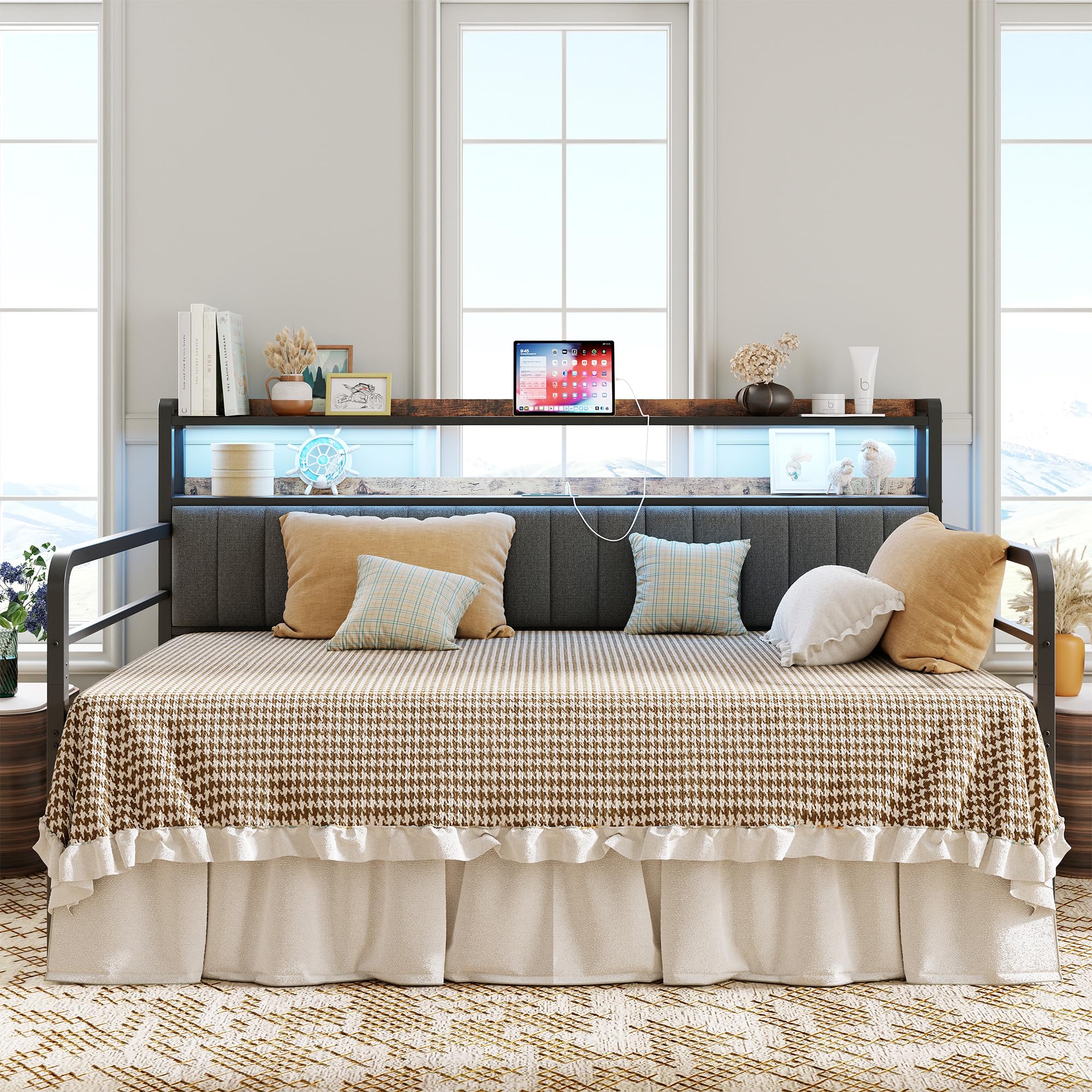Twin Daybed with Trundle, LED Lights, Charging Station, 2-Tier Storage Shelves & Upholstered Headboard, Metal Frame, Bedroom