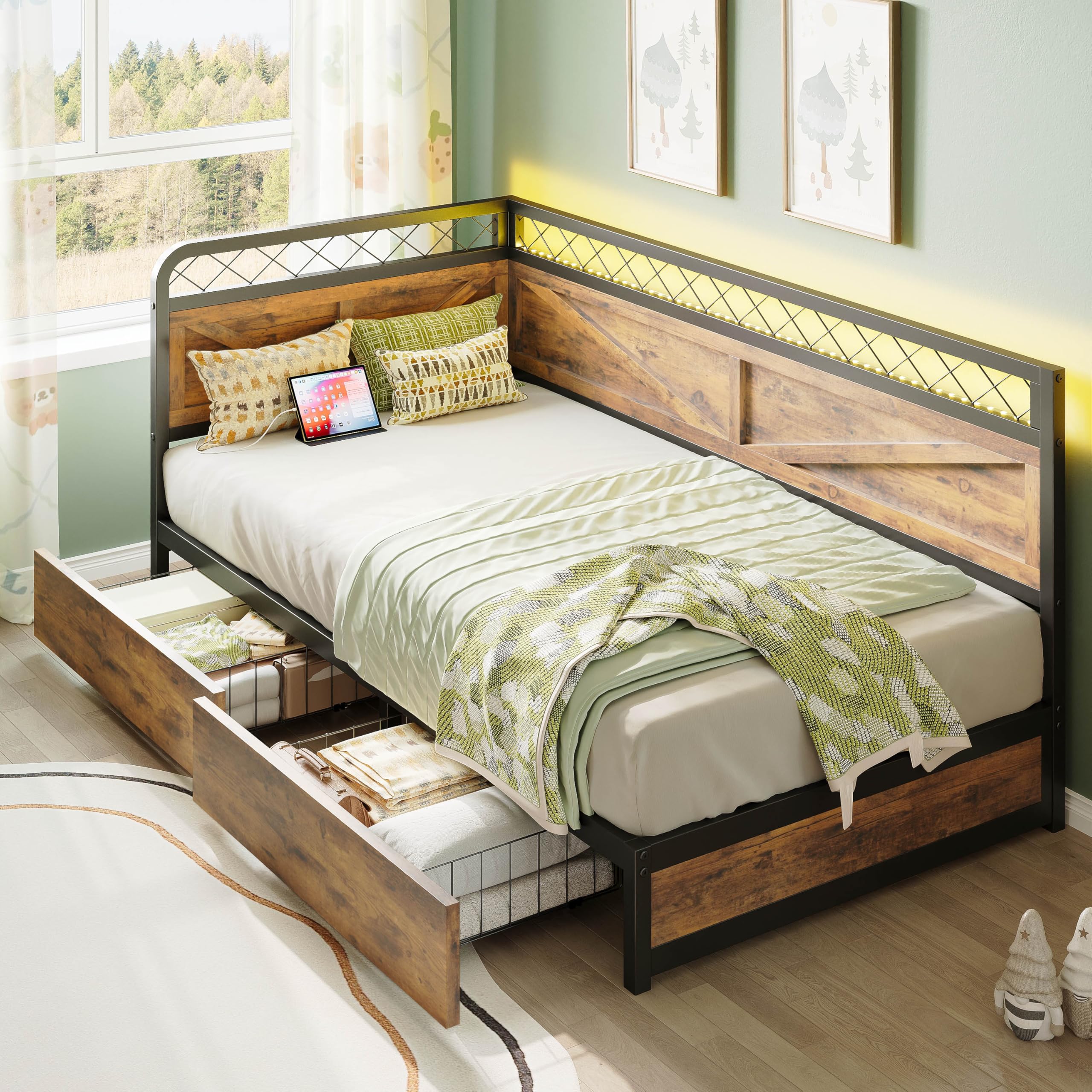 Twin Daybed with Storage Drawers, Corner Bed Frame with LED Lights and Charging Station for Living Room, Bedroom and Guest Room, Industrial Brown