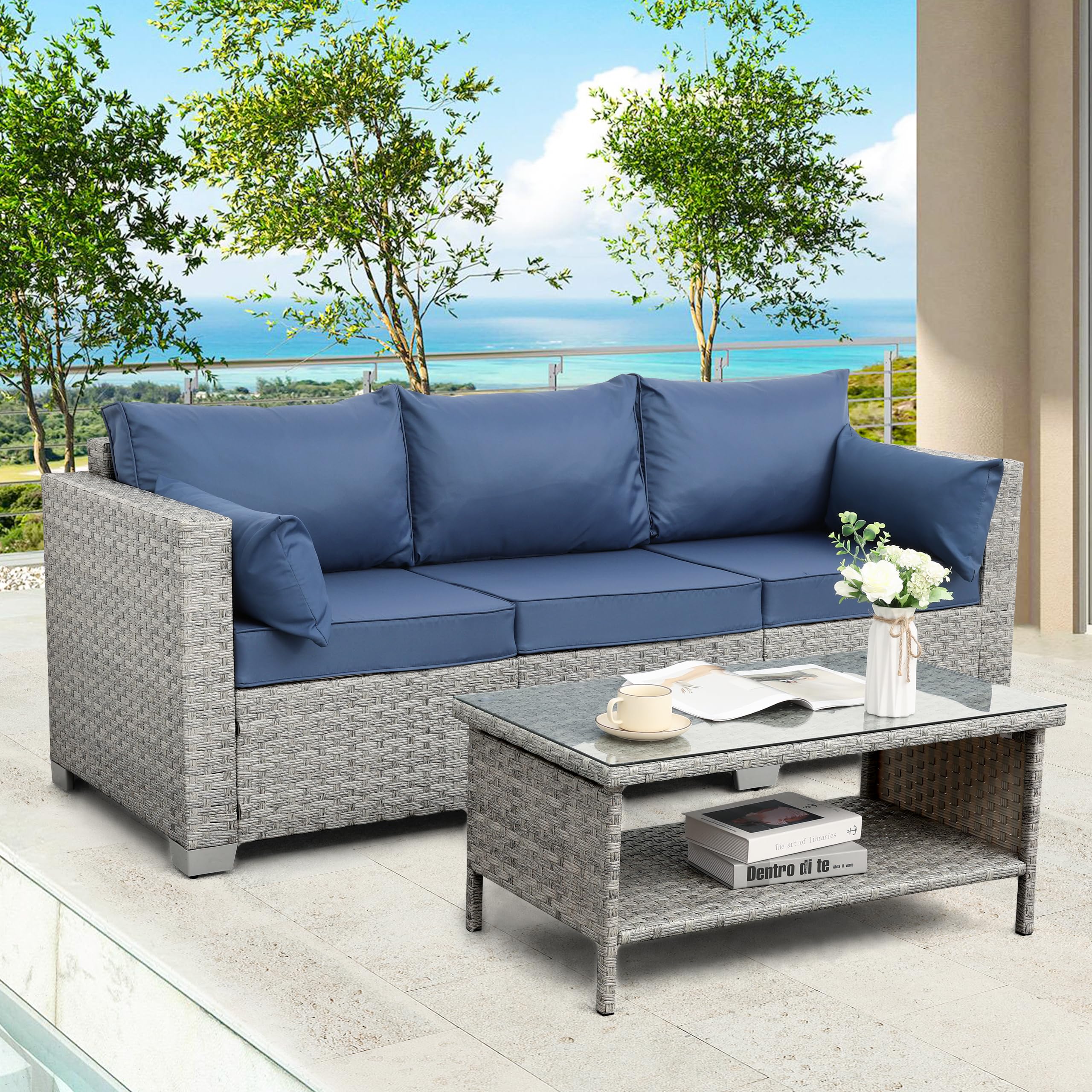 Outdoor Couch 3 Seater Wicker Patio Sofa Grey Rattan Deep Seat Balcony Furniture Porch Seating with Navy Blue Cushion