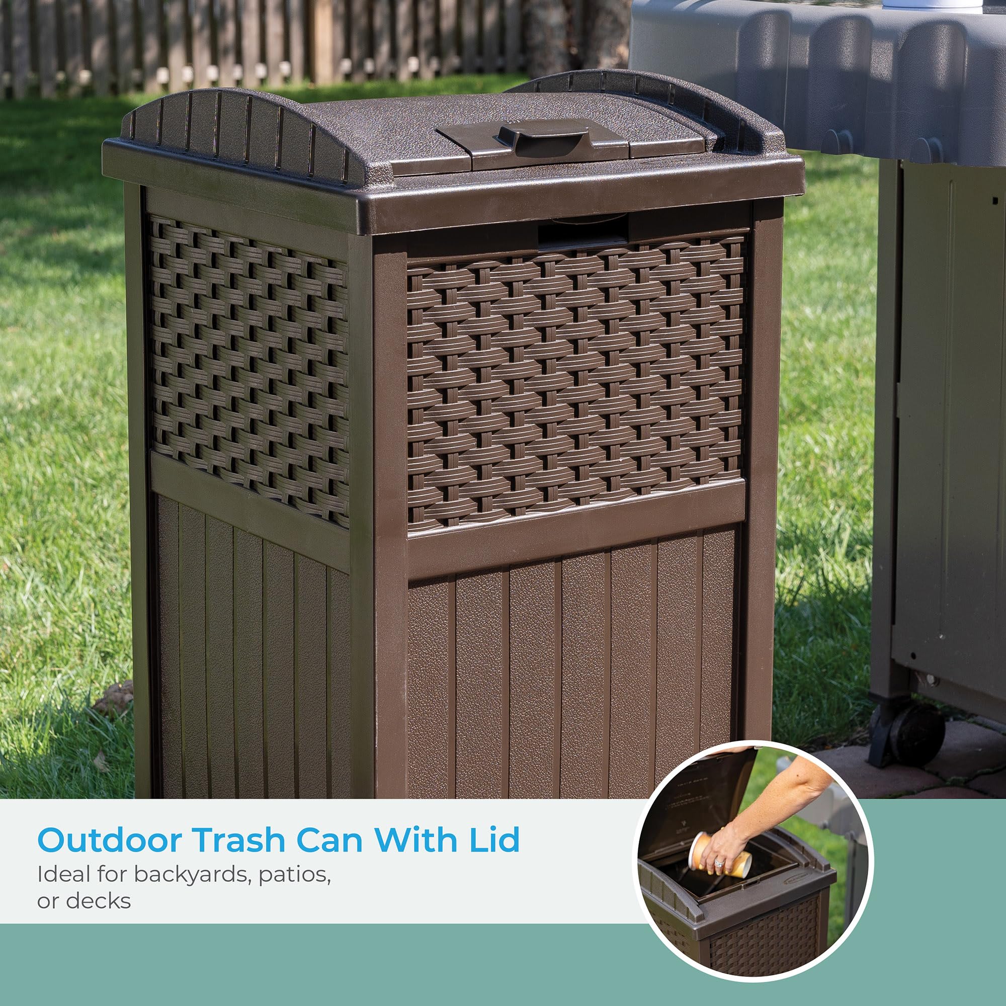 33 Gallon Commercial Outdoor Trashcan Hideaway with Lid for 30 to 33 Gallon Trash Bags for Garage, Backyard, or Garden, Brown