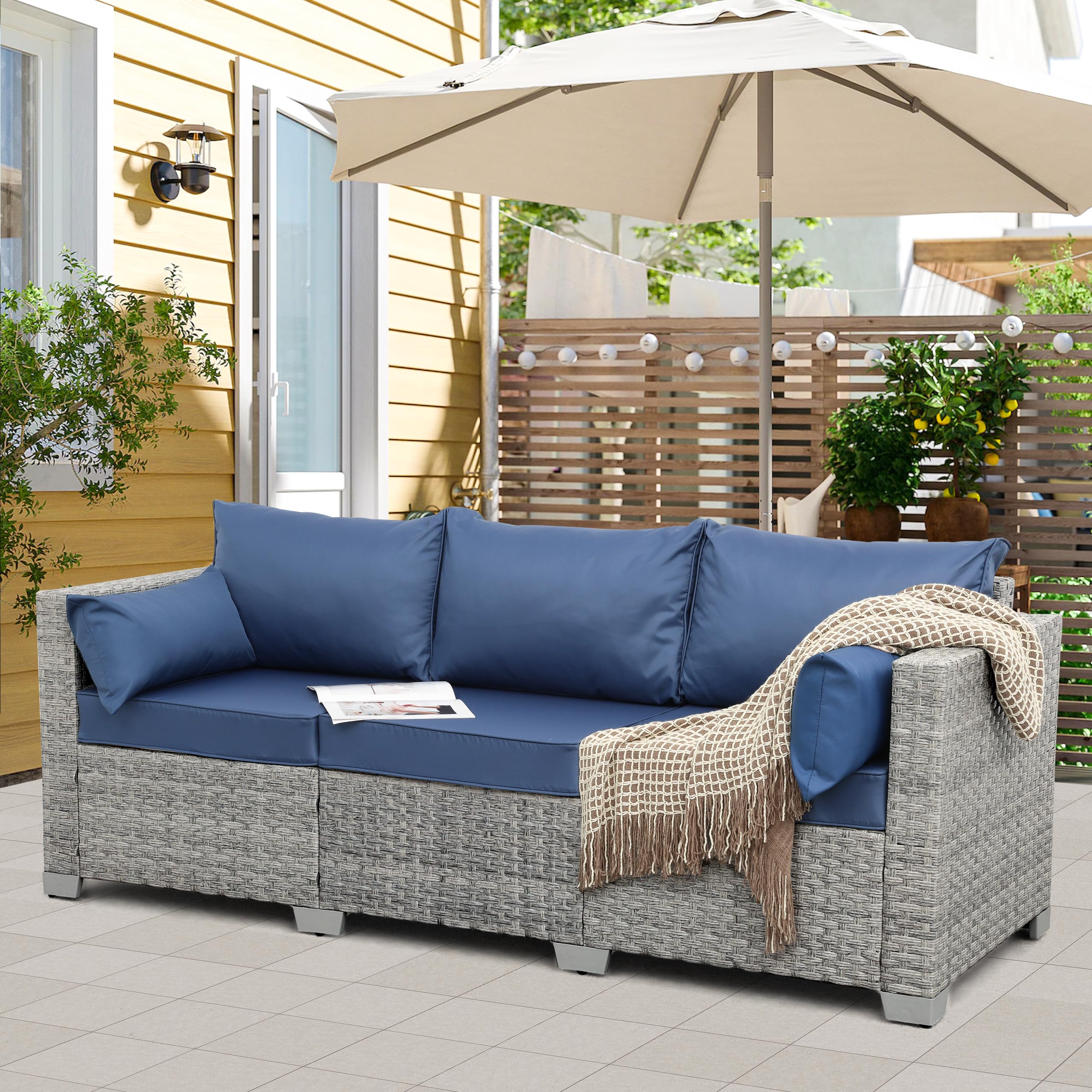 Outdoor Couch 3 Seater Wicker Patio Sofa Grey Rattan Deep Seat Balcony Furniture Porch Seating with Navy Blue Cushion