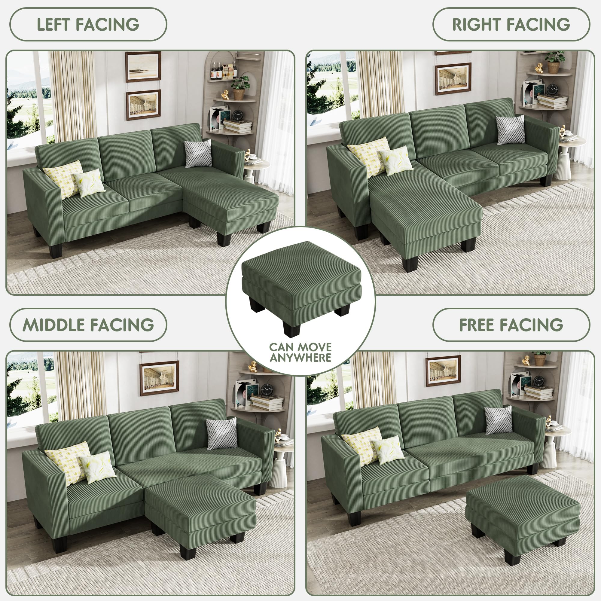 L-Shaped Convertible Sectional Sofa 3 Seater with Corduroy Fabric, Complete with Mobile Footrest, for Living Room, Apartment and Office, 70", Green