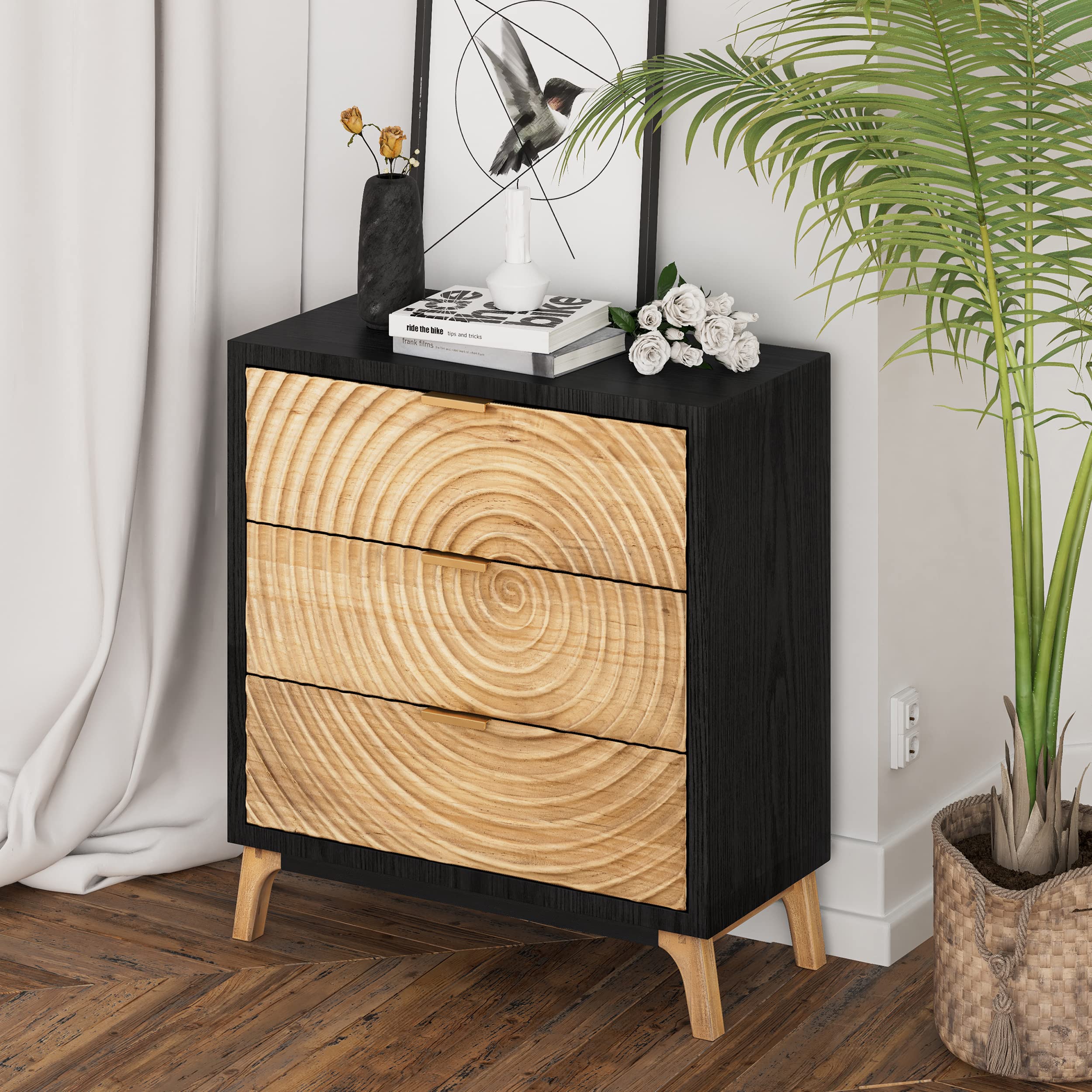 3-Drawer Farmhouse Dresser with Handcrafted Wood Ring Motif, Black Nightstand for Bedroom, Fully-Assembled, Rustic and Morden