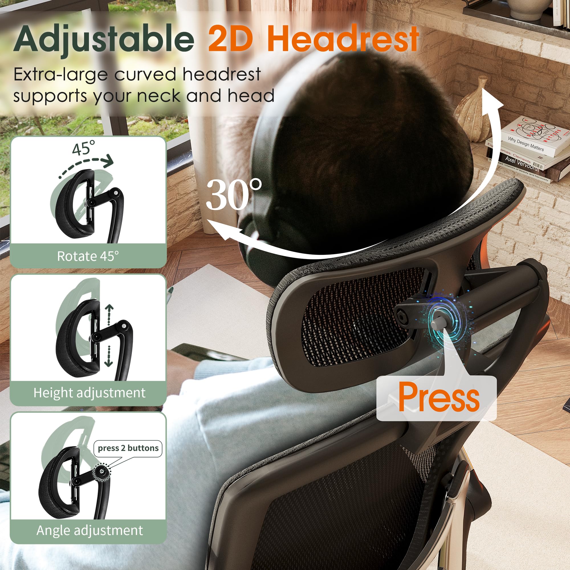 Ergonomic Office Chair, High Back Desk Chair with Headrest, Flip-Up Arms, Tilt Lock, Wide Cushion, Big & Tall Mesh Task Chair, Black