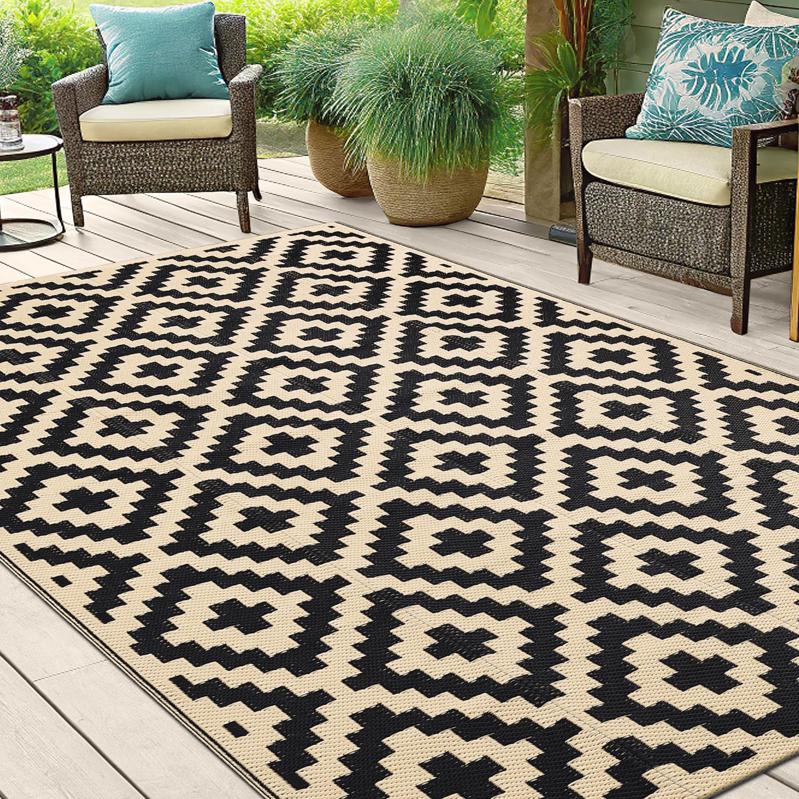 Waterproof Outdoor Rug 5x8 ft, Reversible Plastic Straw Patio Camping Mat, Indoor Outdoor RV Carpet for Backyard, Deck, Picnic, Black & Beige