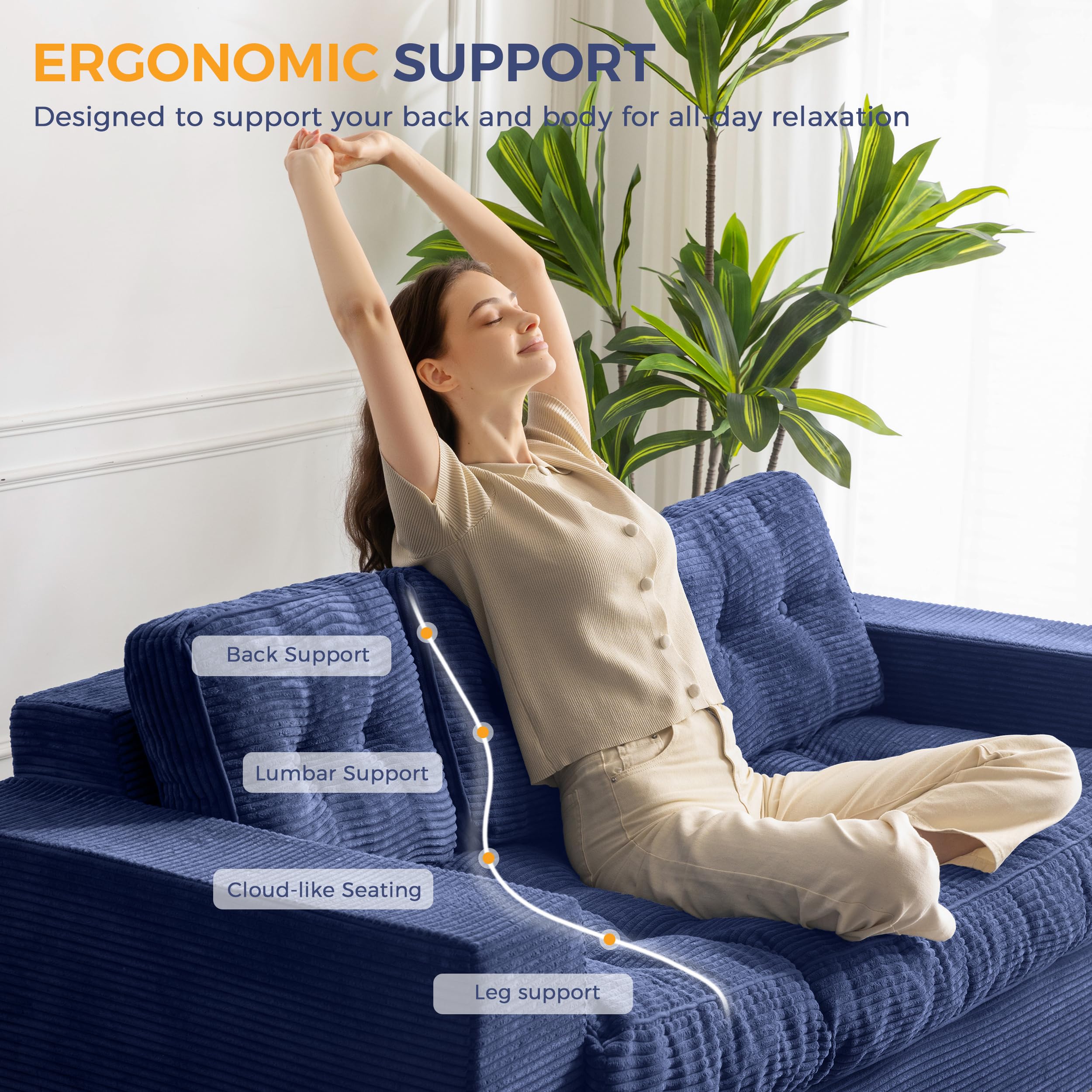 3 Seater Couch for Living Room, Boneless Couch with Tufted Cushion & Backrest, Upholstered Floor Sofa with Armrests, Sofa in A Box, No Assembly Required, Navy