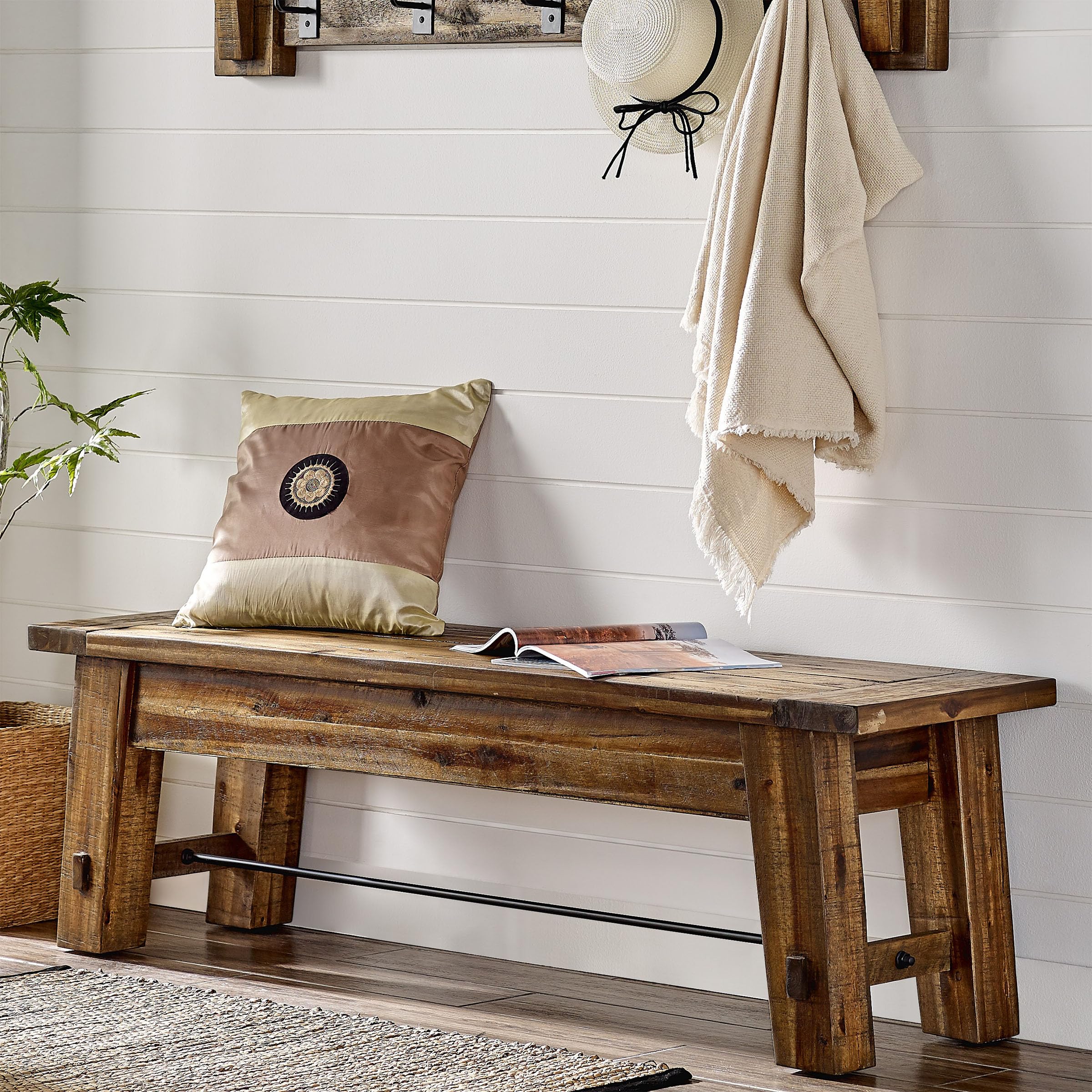 Durango 60" Rustic Farmhouse Wood Bench, Solid Wood Seat, Industrial Accent Furniture for Entryway, Dining Room, Hallway, by Alaterre