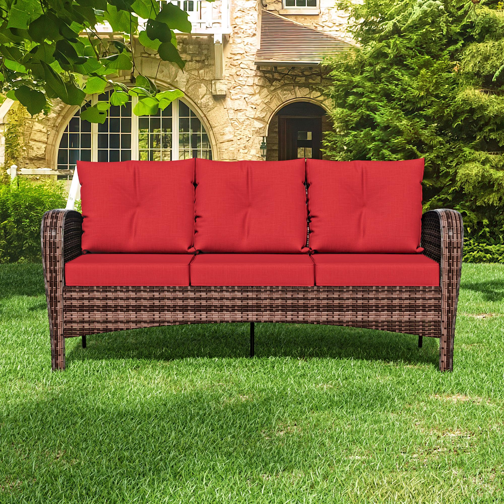 73" Patio 3-Seat Sofa, Wicker Rattan Couch with Steel Frame & Removable Cushions, Outdoor Loveseat for Garden, Porch, Apartment, Red