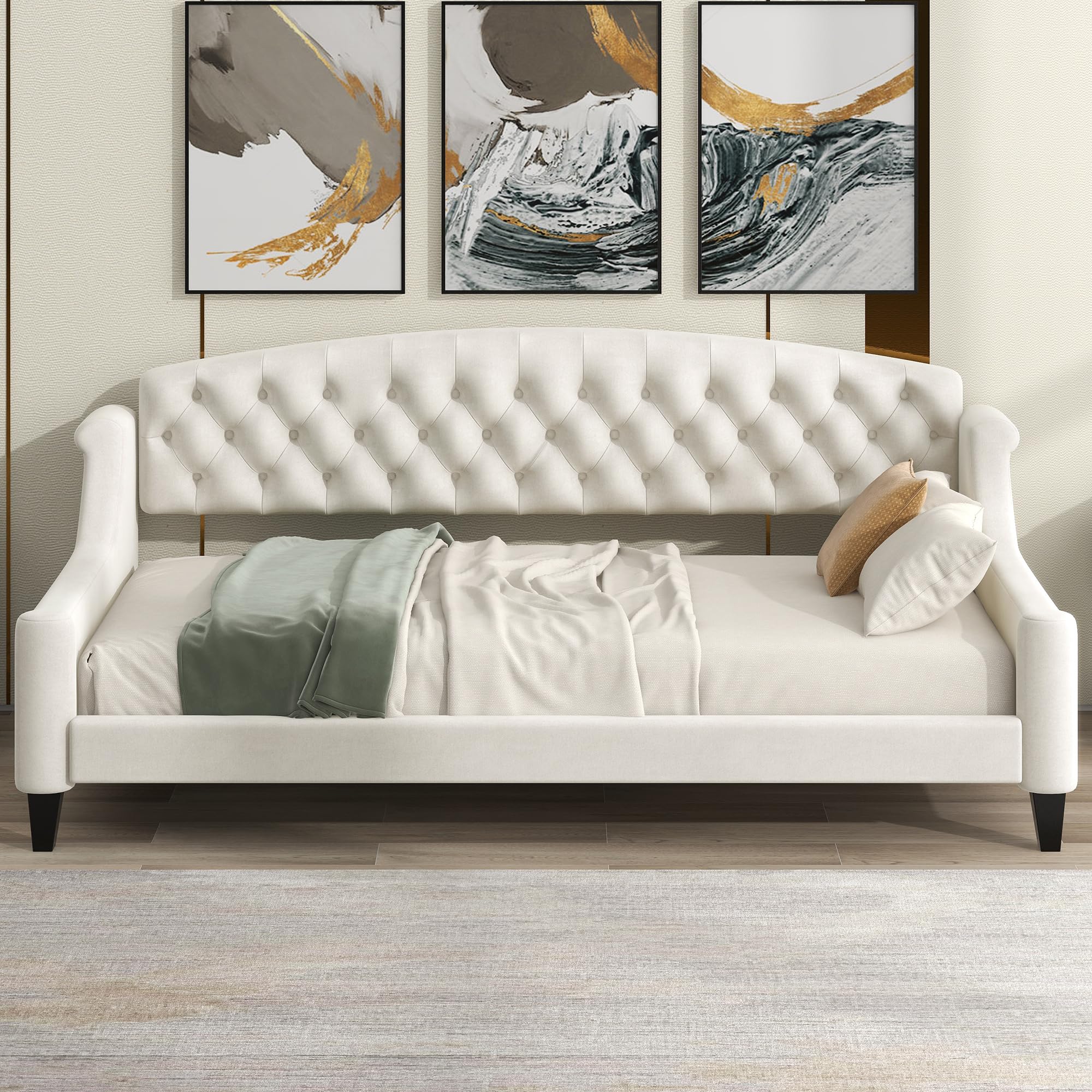 Twin Size Upholstered Daybed, Luxury Tufted Button Sofa Bed Frame for Bedroom & Living Room, Elegant Twin Daybed, Beige