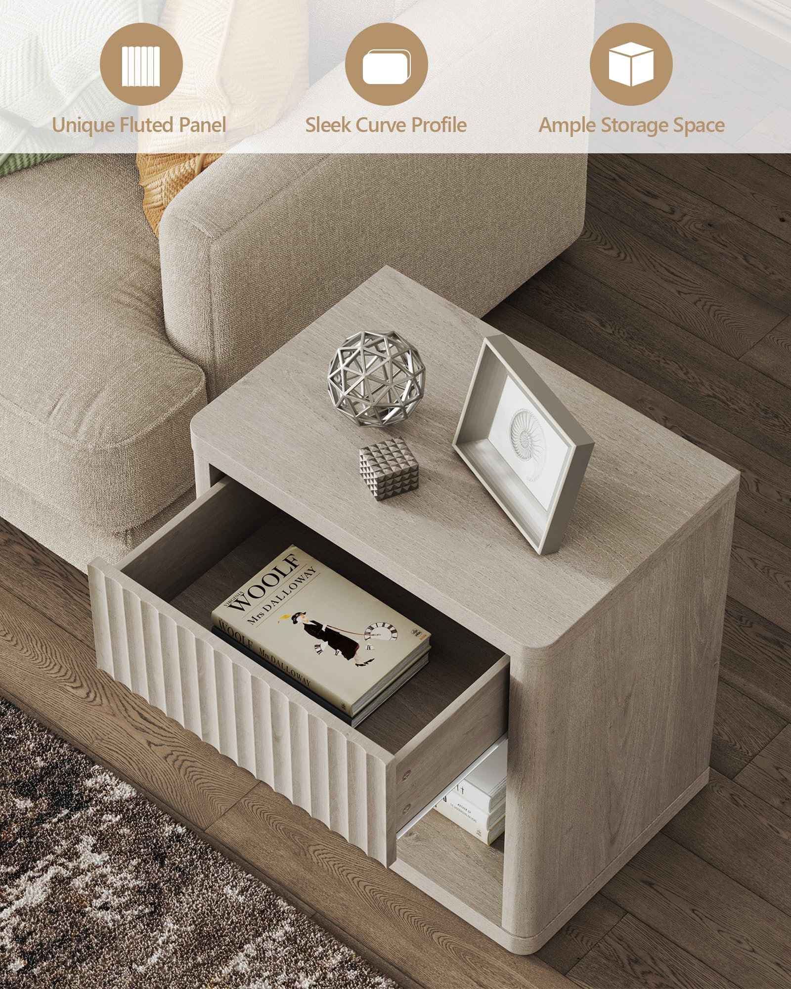 Set of 2 Modern Nightstands with Drawer Storage, Fluted Bedside Tables, Wide Mid-Century End Tables for Bedroom, Living Room, White Alder