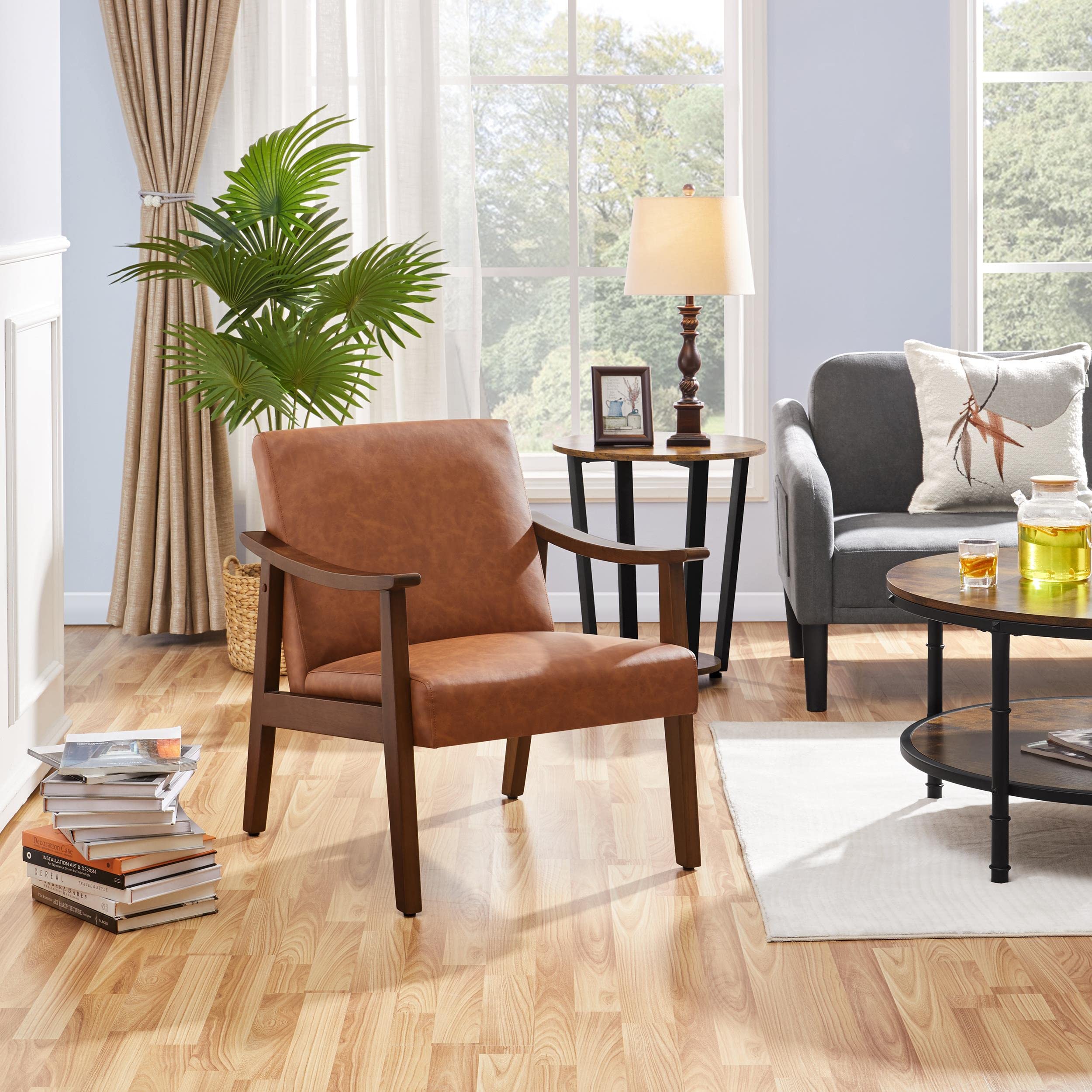 PU Leather Accent Chair, Mid-Century Modern Armchair with Solid Wood Legs, Reading Leisure Chair with High Back for Living Room Bedroom Waiting Room, Set of 2, Brown